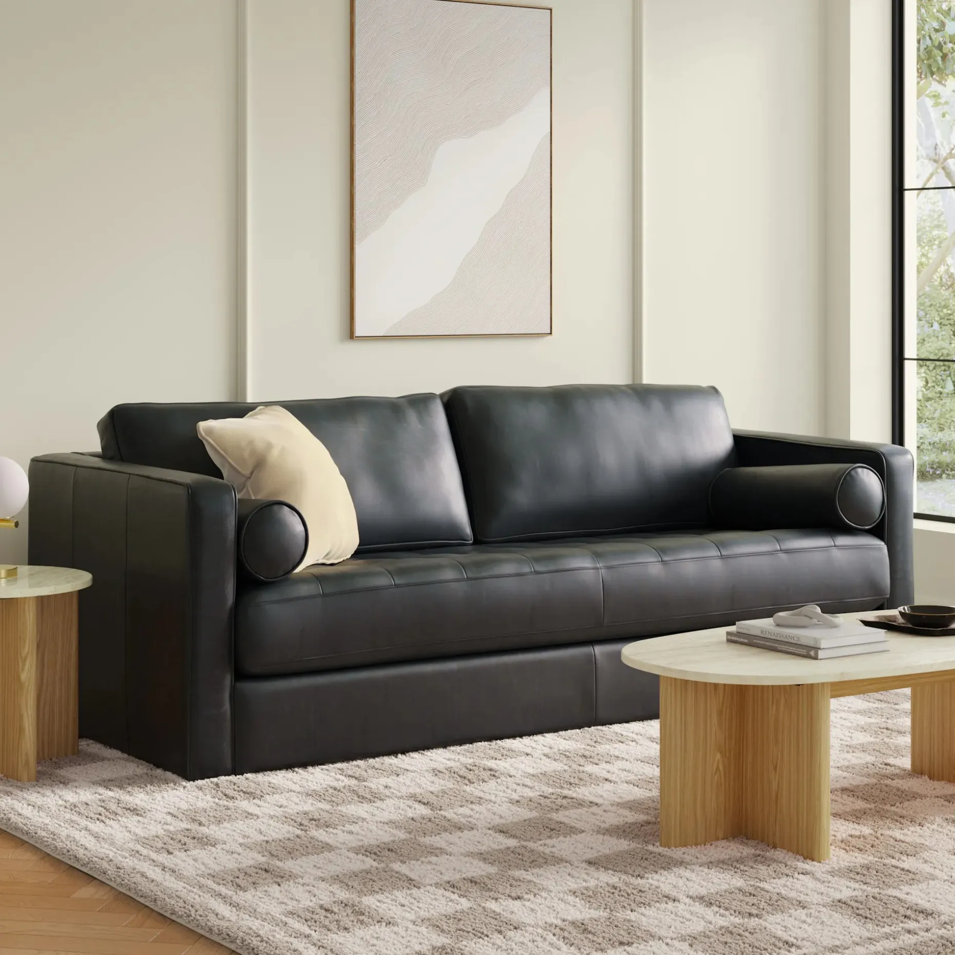 Sven 88" Grounded Tufted Leather Sofa - Oxford Black