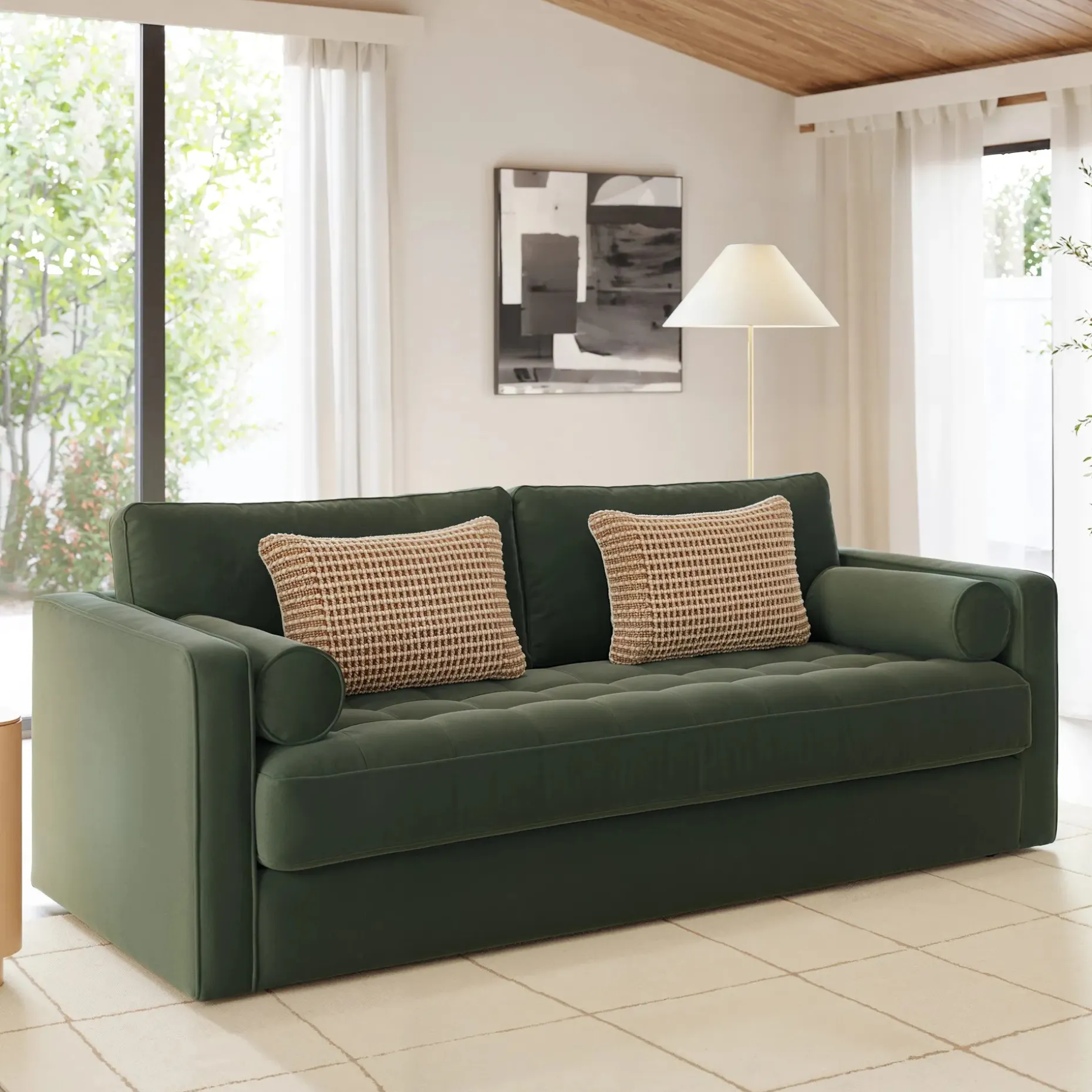 Sven 88" Grounded Tufted Velvet Sofa - Plush Pacific Green