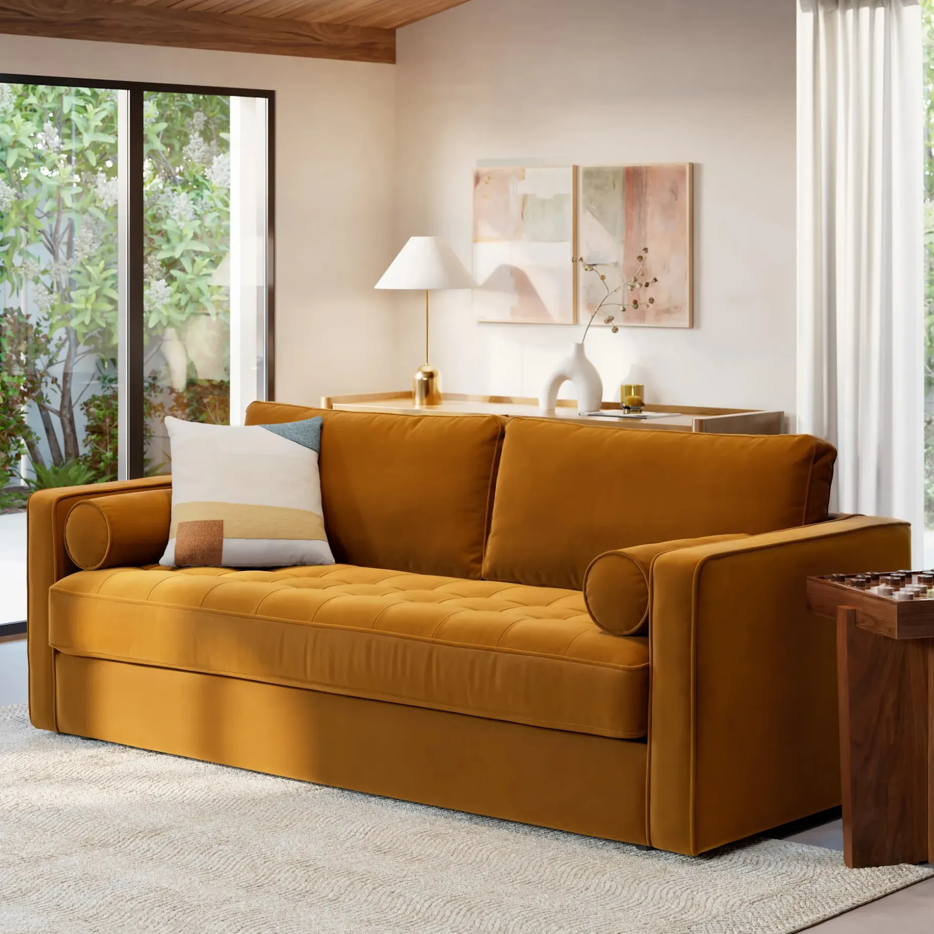 Sven 88" Grounded Tufted Velvet Sofa - Plush Pacific Ginger
