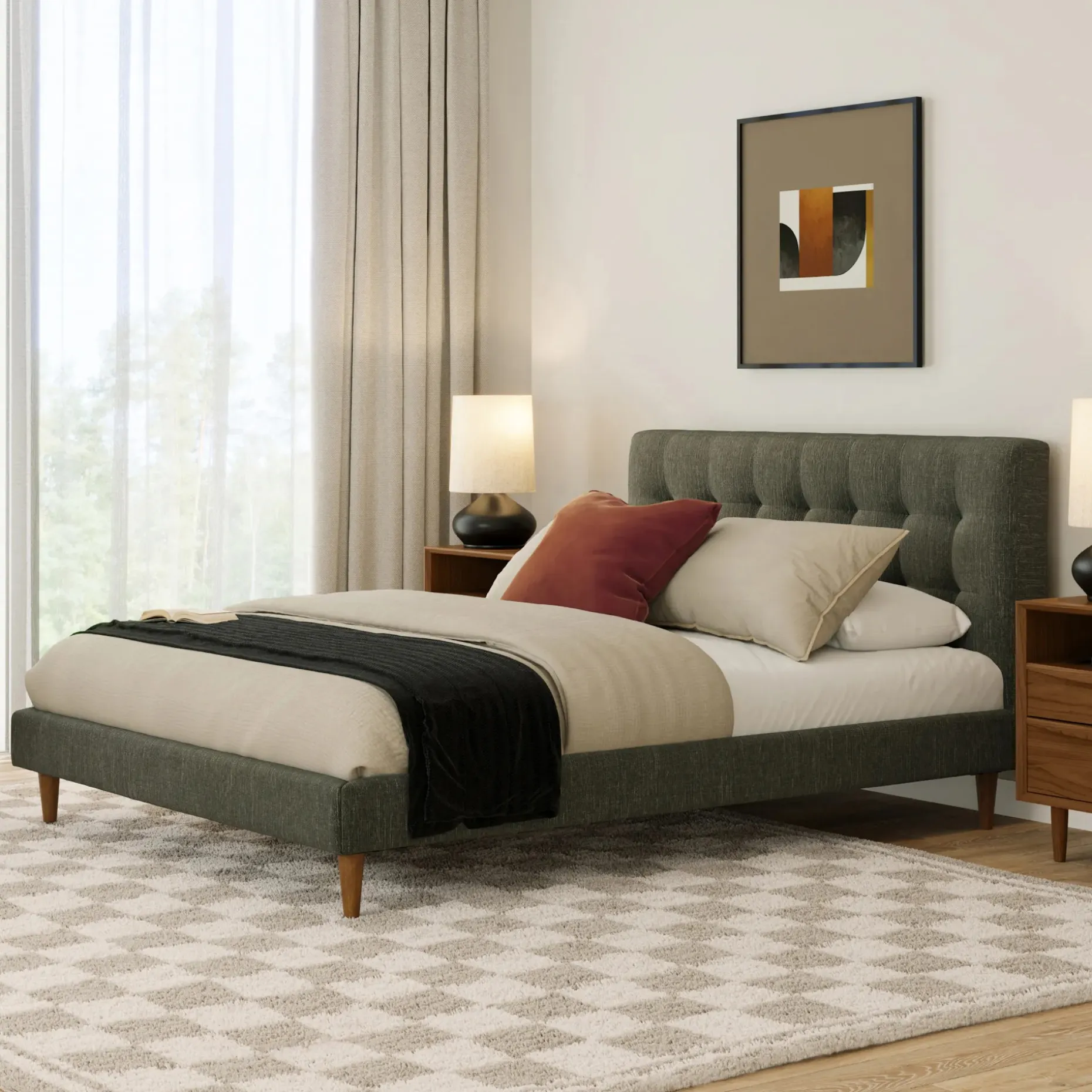 Sven Queen Tufted Bed - Fir Green