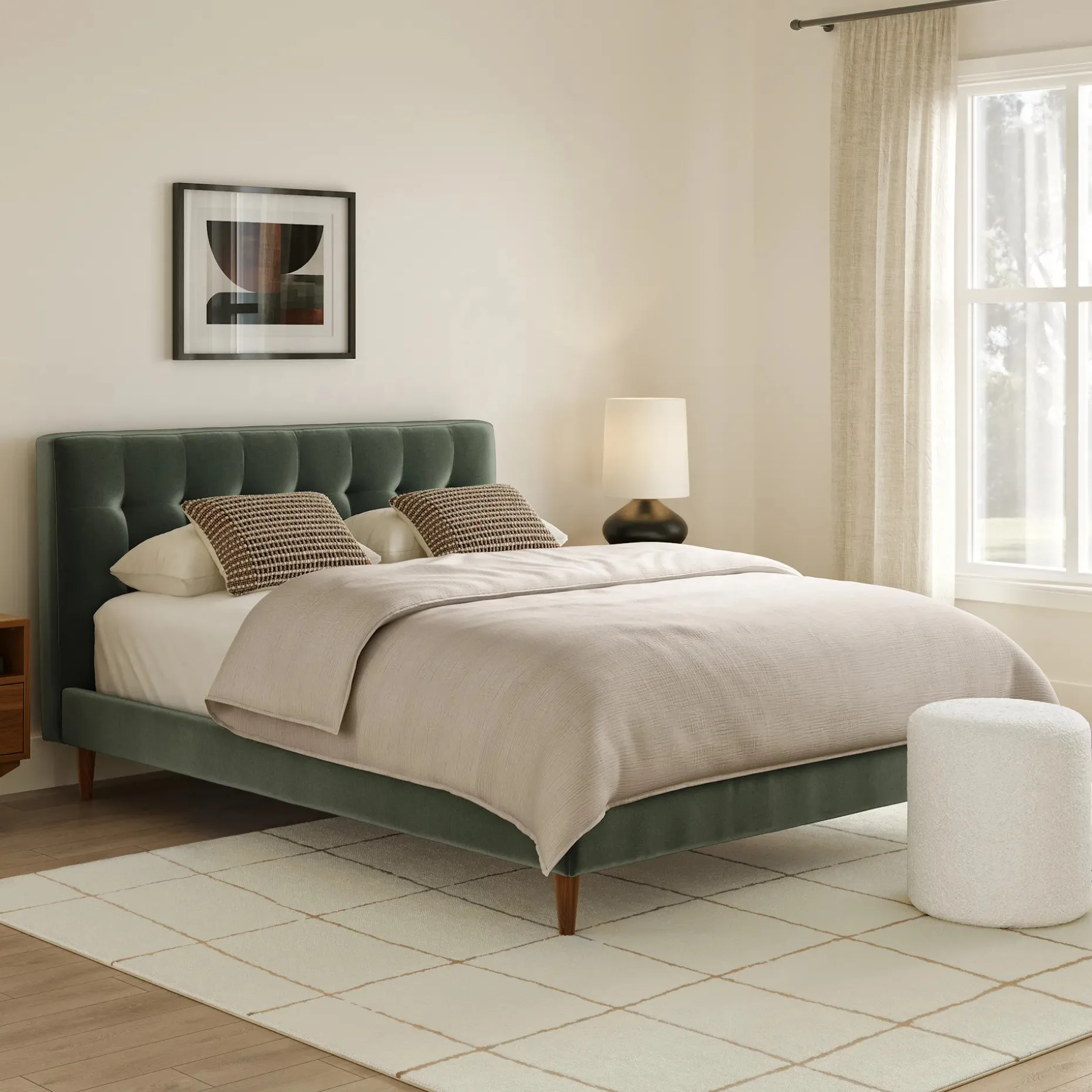 Sven Queen Tufted Velvet Bed - Plush Pacific Green
