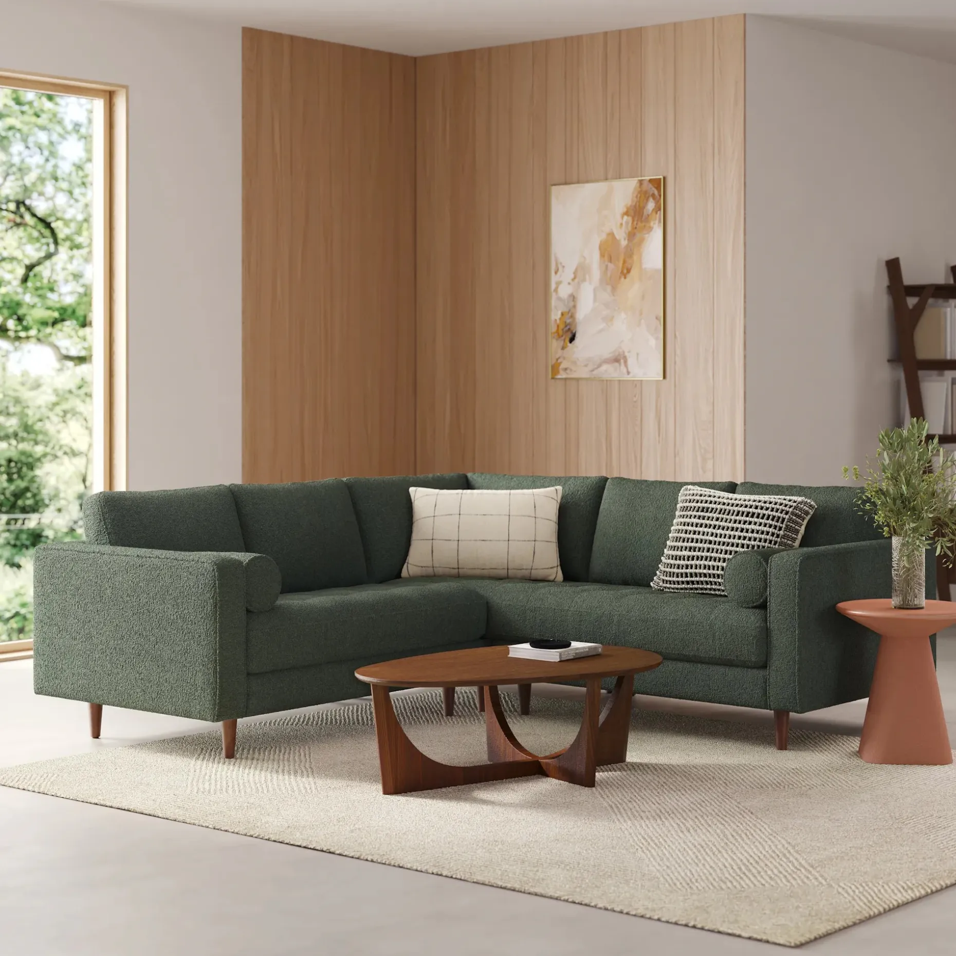 Sven 91" Tufted Corner Sectional - Green Wool Bouclé