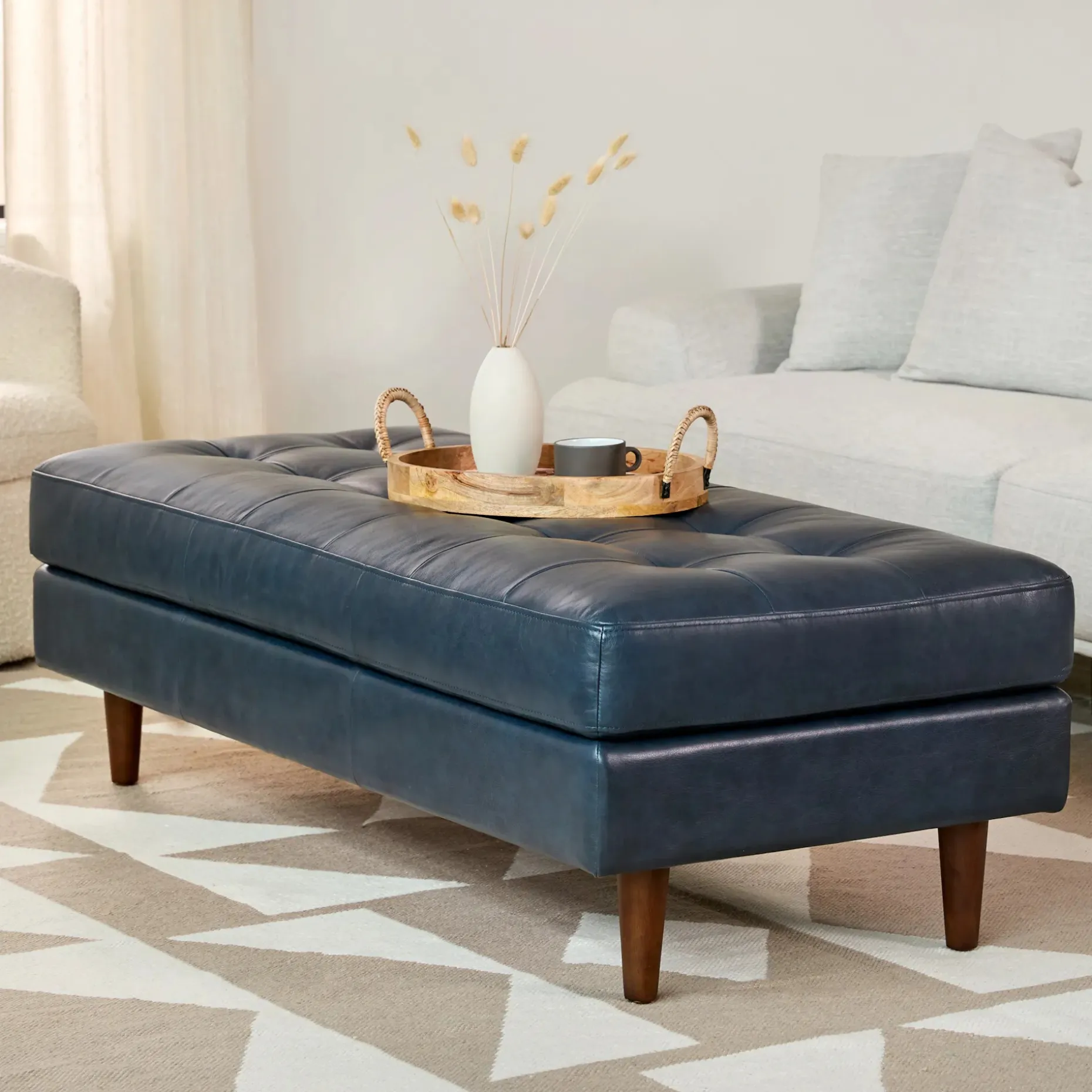 Sven 56" Tufted Leather Bench - Oxford Blue