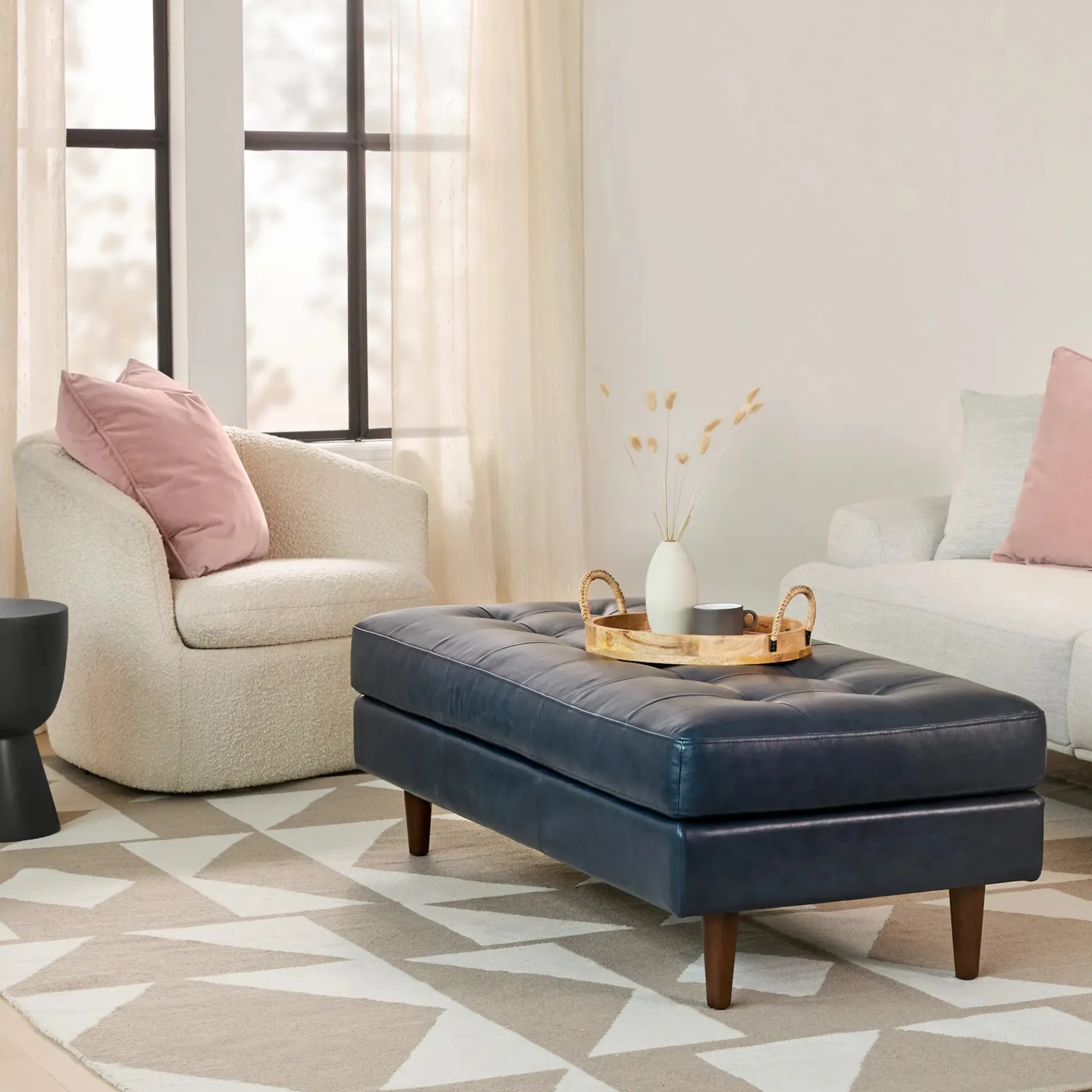 Sven 56" Tufted Leather Bench - Oxford Blue