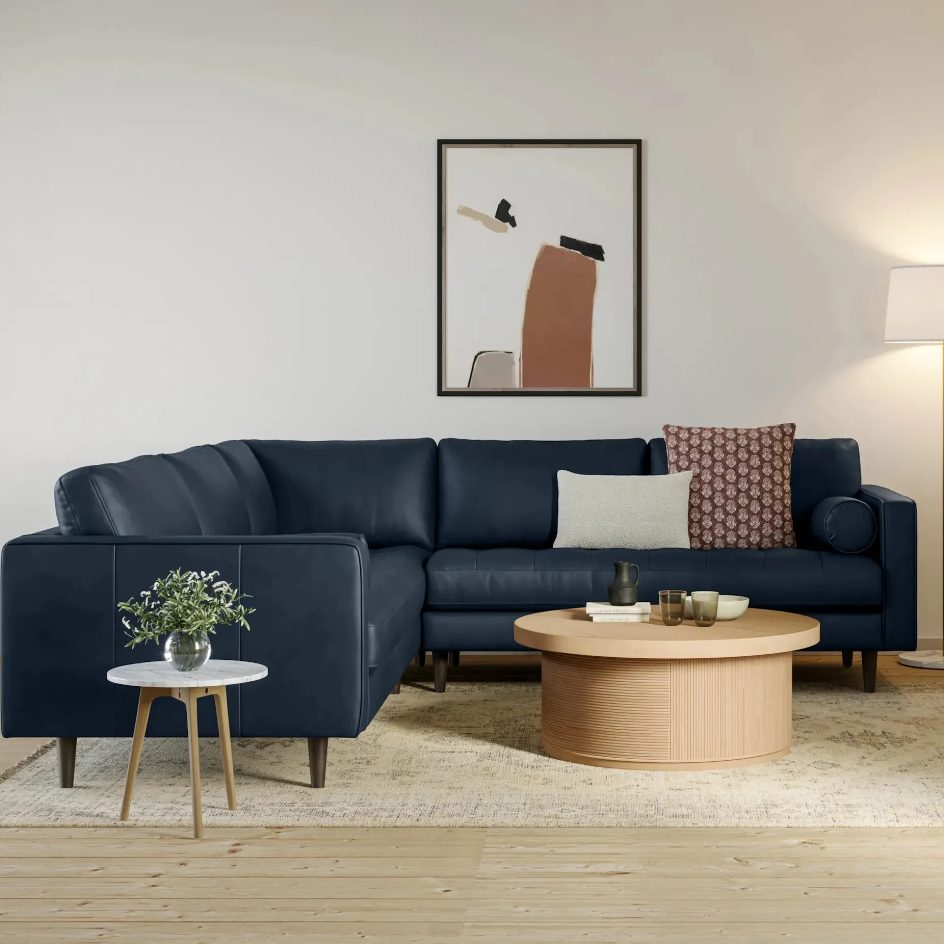 Sven 107" Tufted Leather Corner Sectional - Oxford Blue