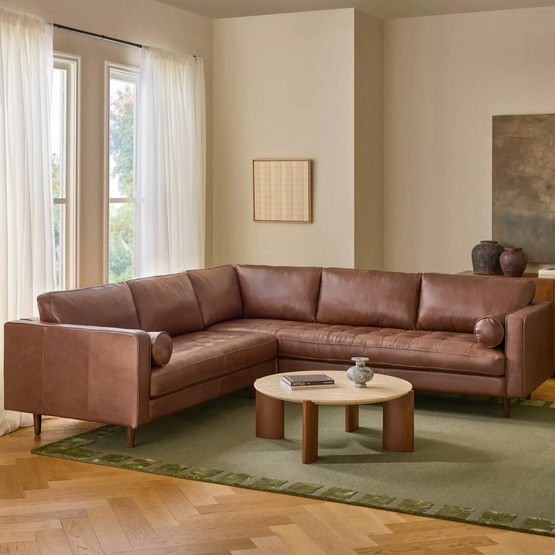 Sven 107" Tufted Leather Corner Sectional - Taos Brown