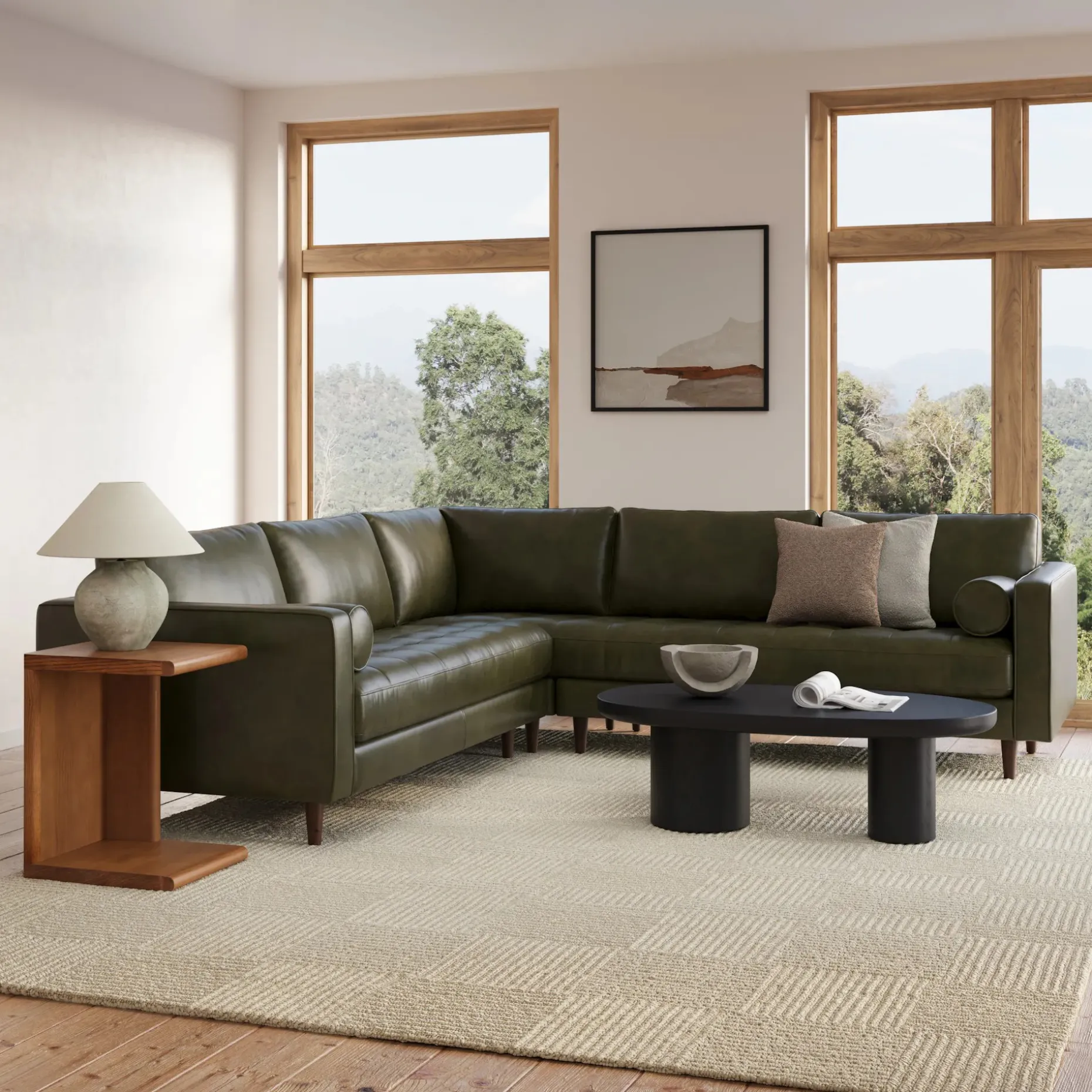 Sven 107" Tufted Leather Corner Sectional - Charme Green