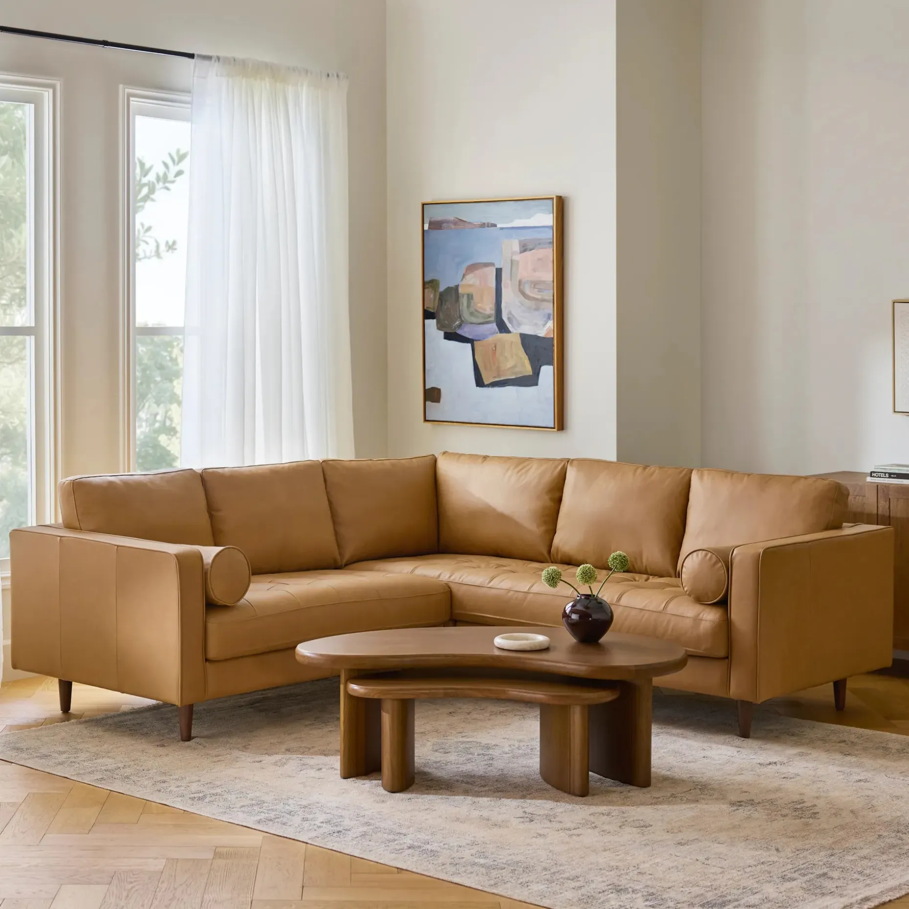 Sven 91" Tufted Leather Corner Sectional - Charme Tan