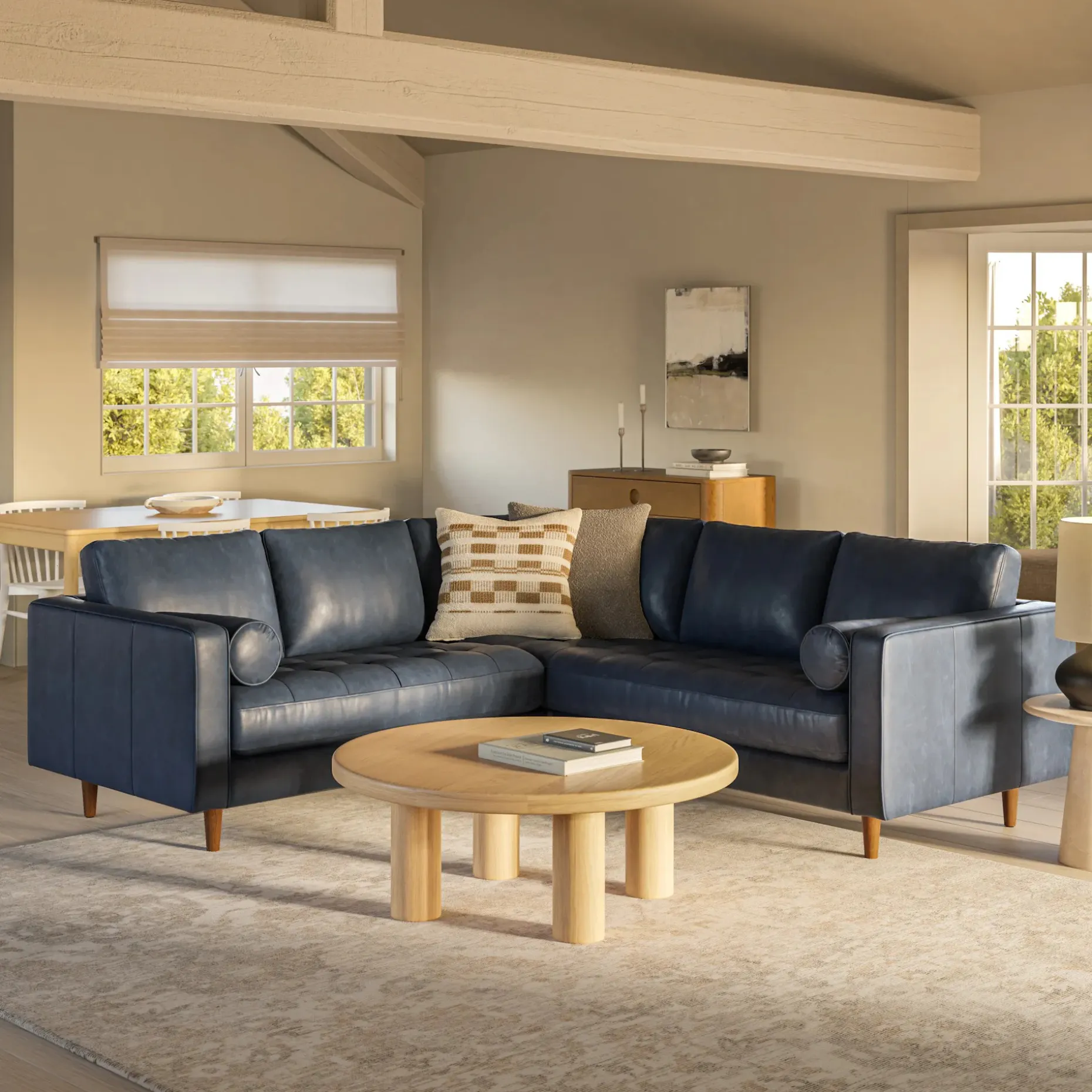 Sven 91" Tufted Leather Corner Sectional - Oxford Blue