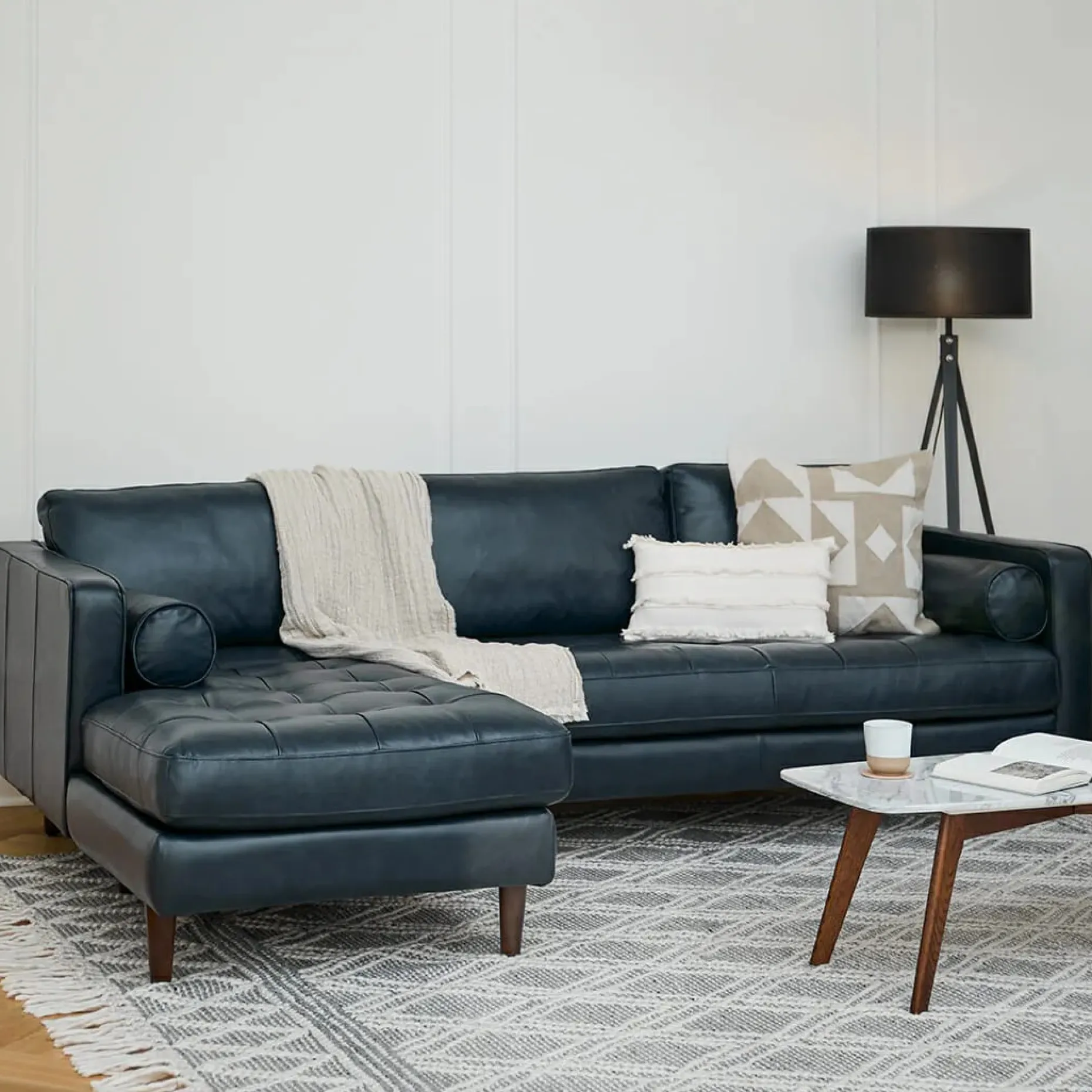 Sven 100" Tufted Leather Left Sectional - Oxford Blue