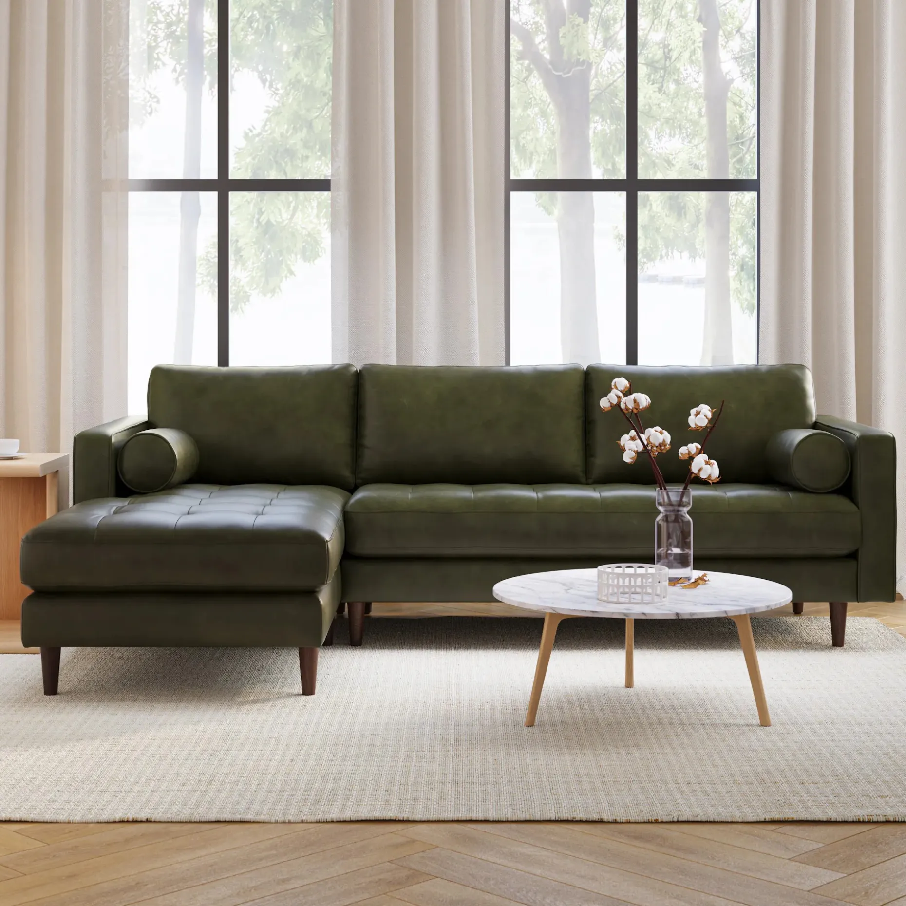 Sven 100" Tufted Leather Left Sectional - Charme Green