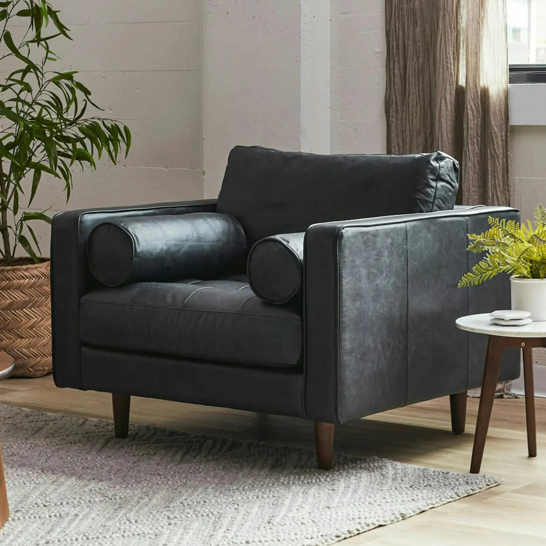 Sven 42" Tufted Leather Lounge Chair - Oxford Black