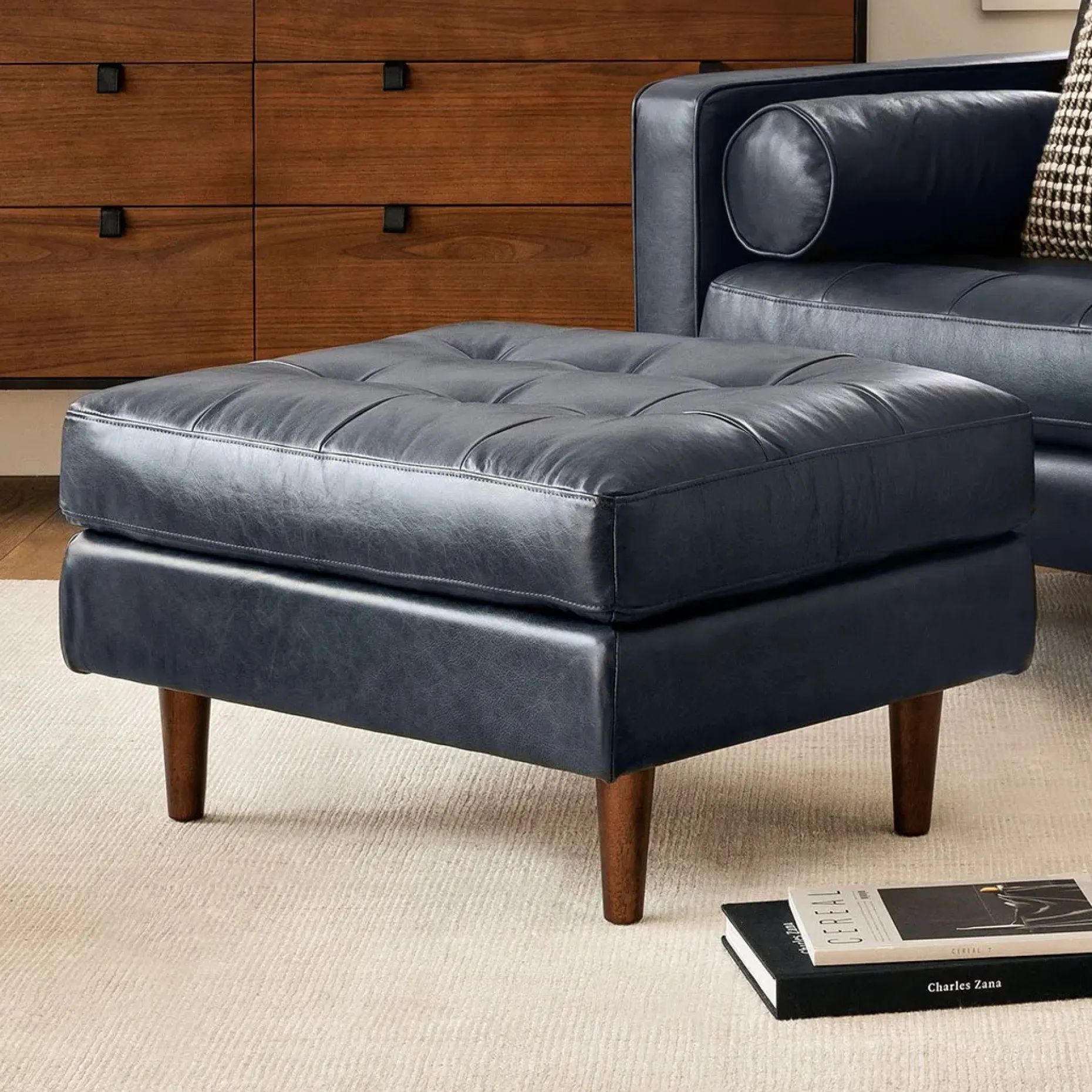 Sven 30" Tufted Leather Ottoman - Oxford Blue