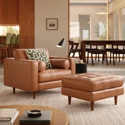 Sven 30" Tufted Leather Ottoman - Salerno Tan