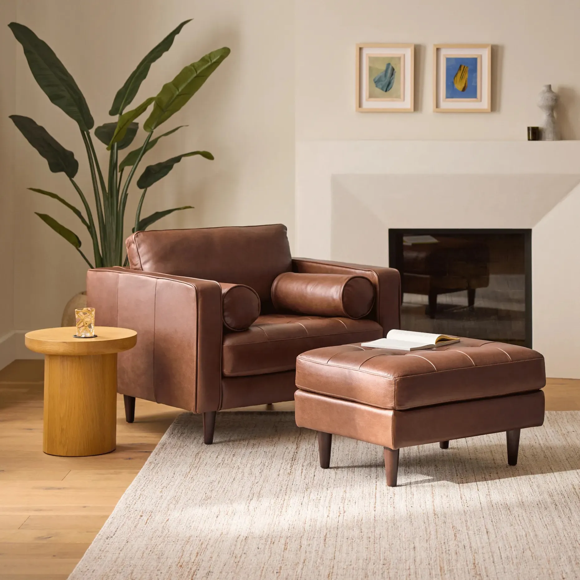 Sven 30" Tufted Leather Ottoman - Taos Brown
