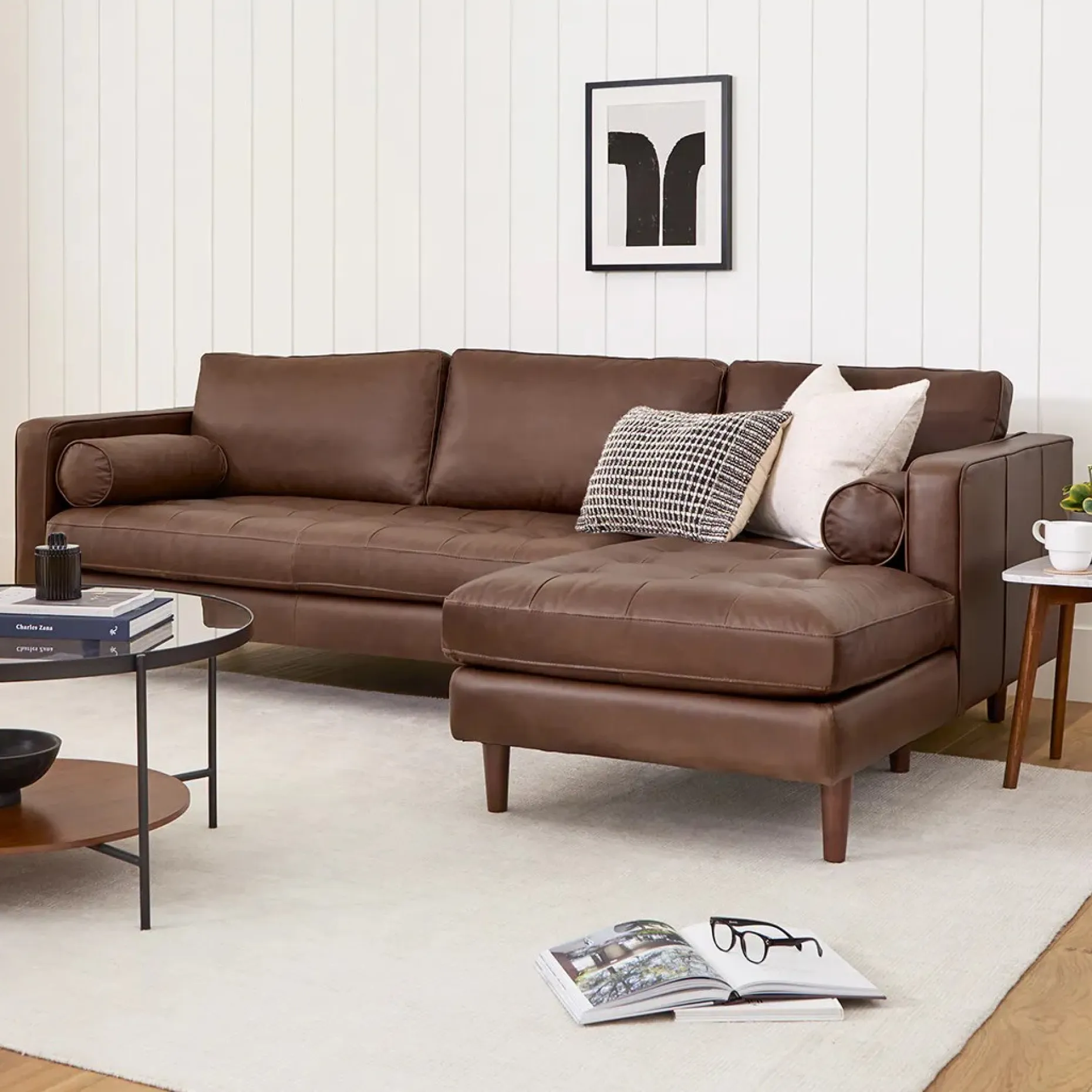 Sven 100" Tufted Leather Right Sectional - Charme Chocolat