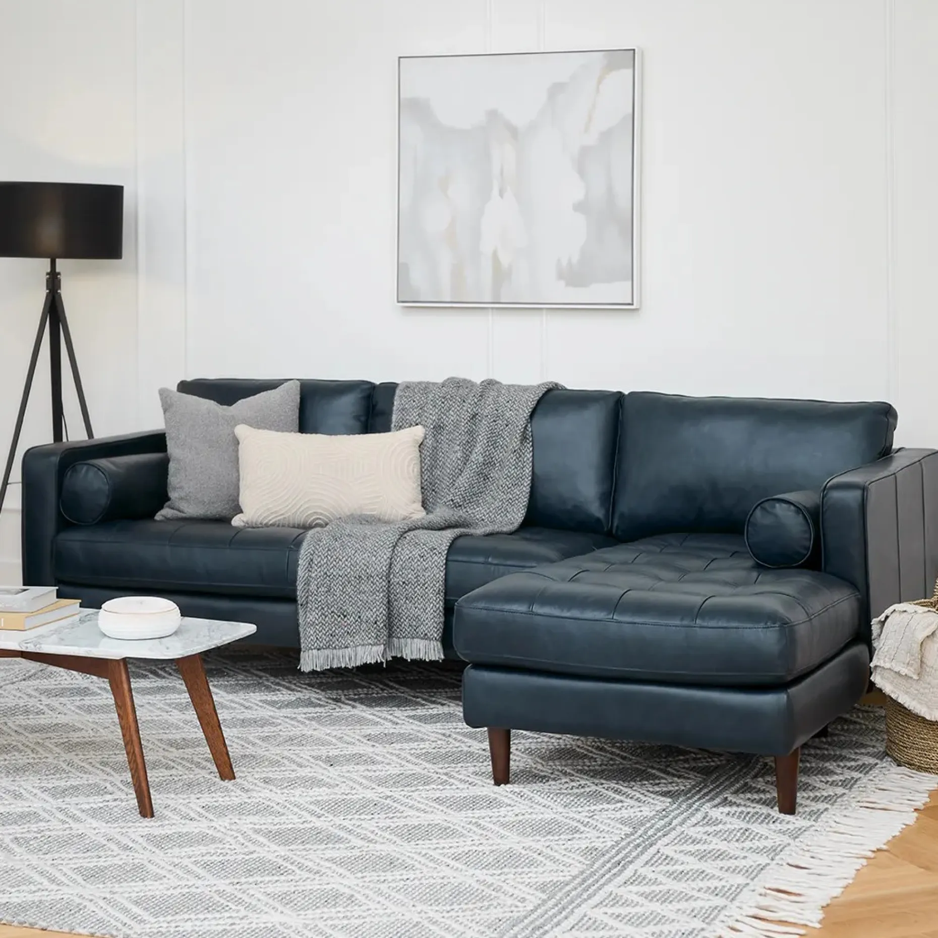 Sven 100" Tufted Leather Right Sectional - Oxford Blue