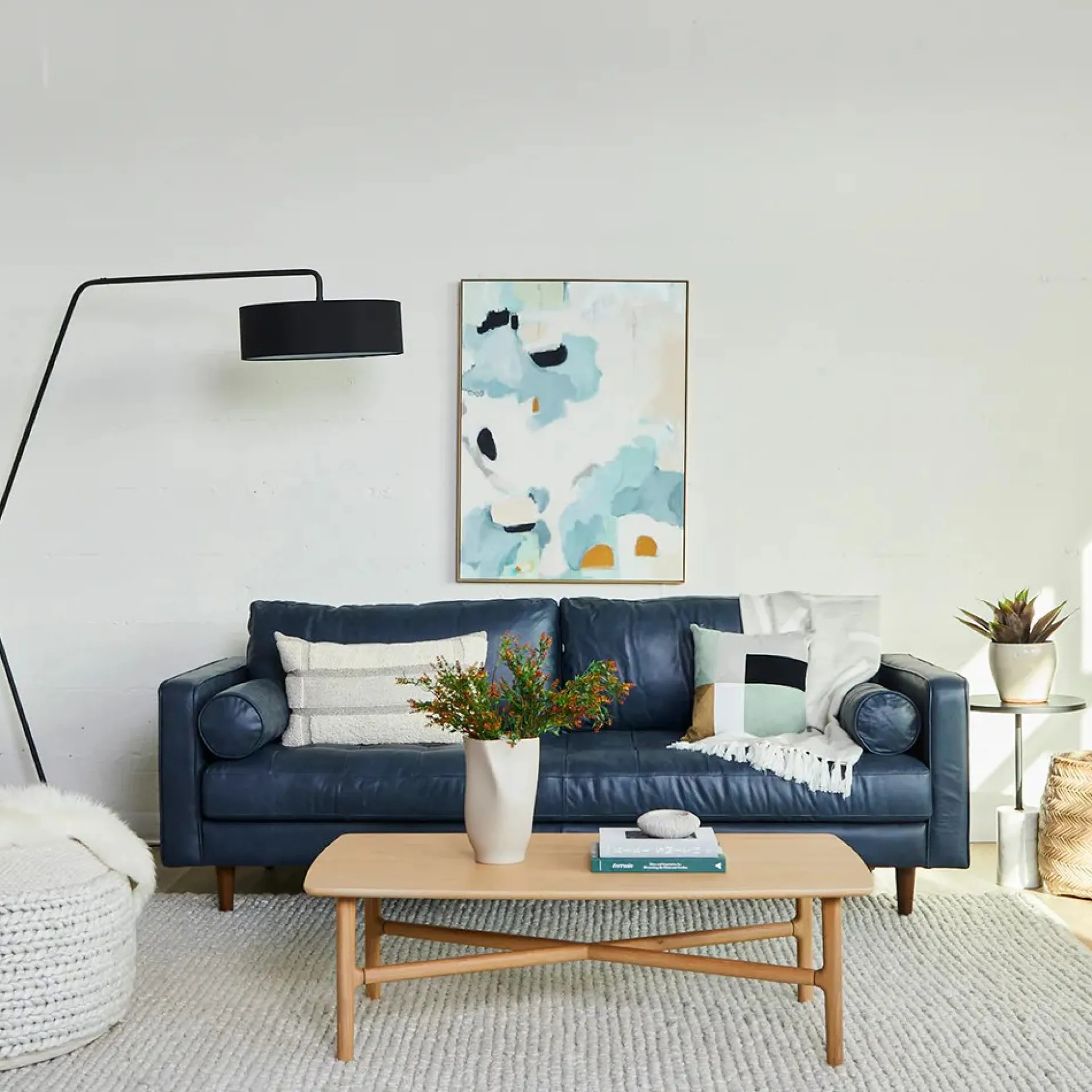 Sven 88" Tufted Leather Sofa - Oxford Blue