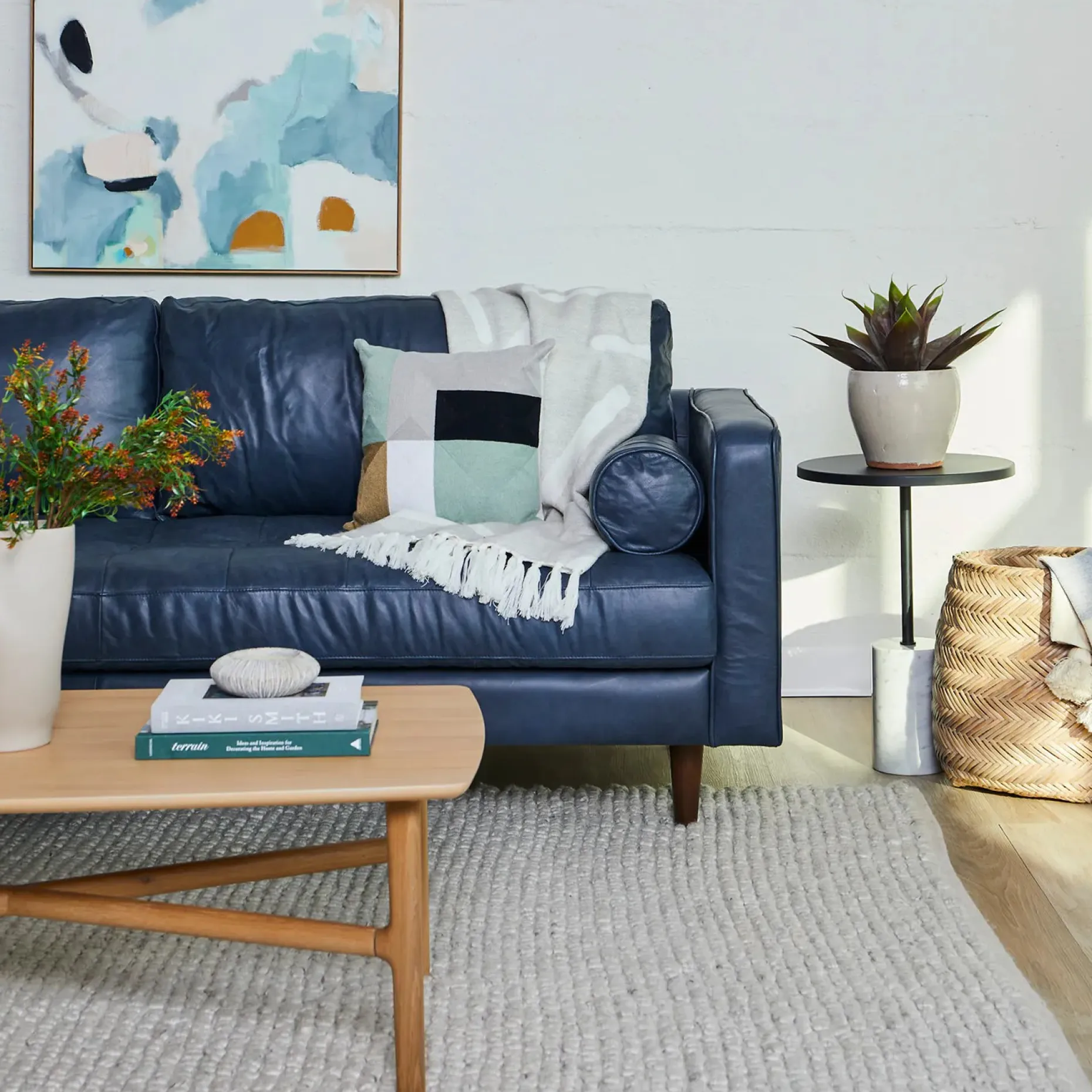 Sven 88" Tufted Leather Sofa - Oxford Blue