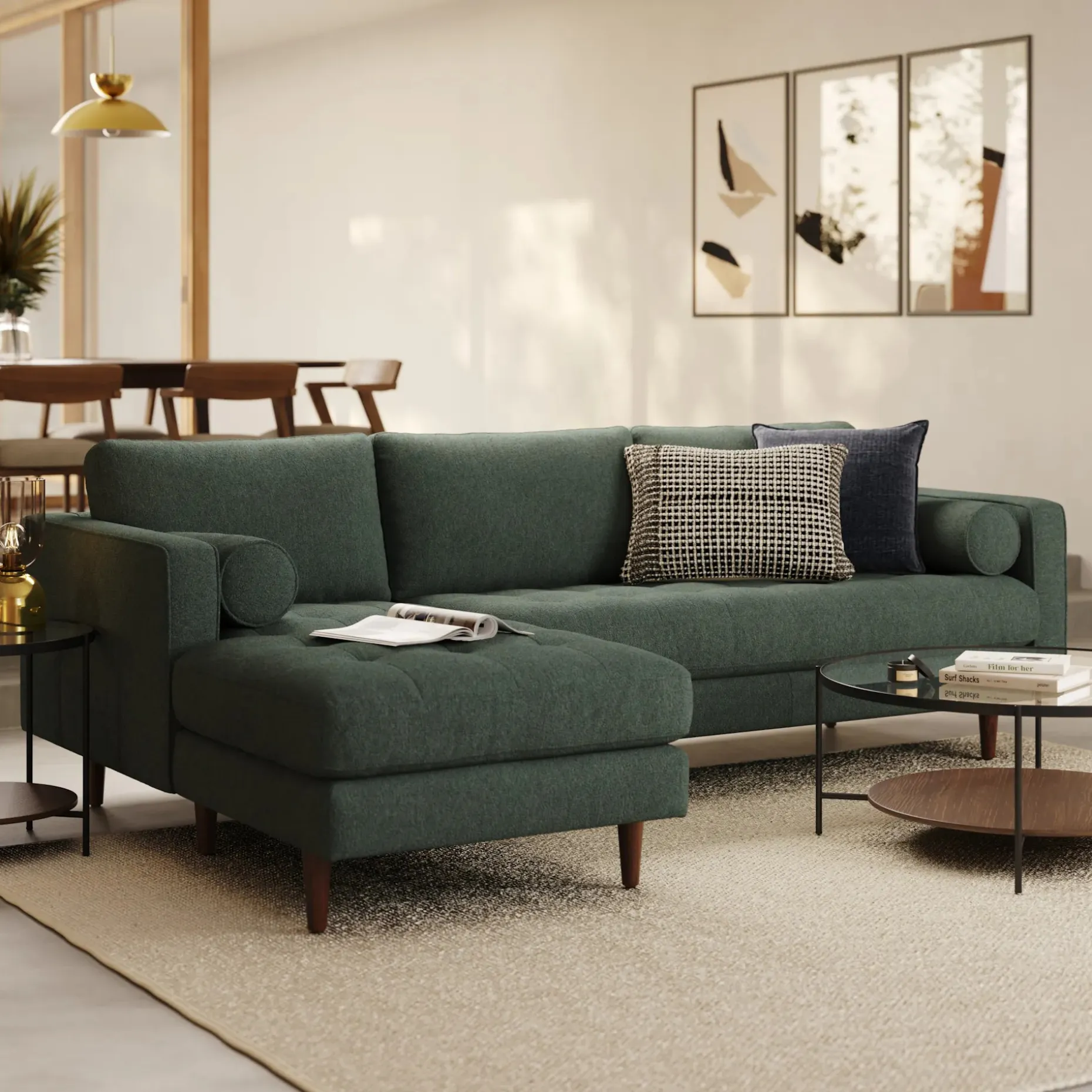 Sven 100" Tufted Left Sectional - Green Wool Bouclé