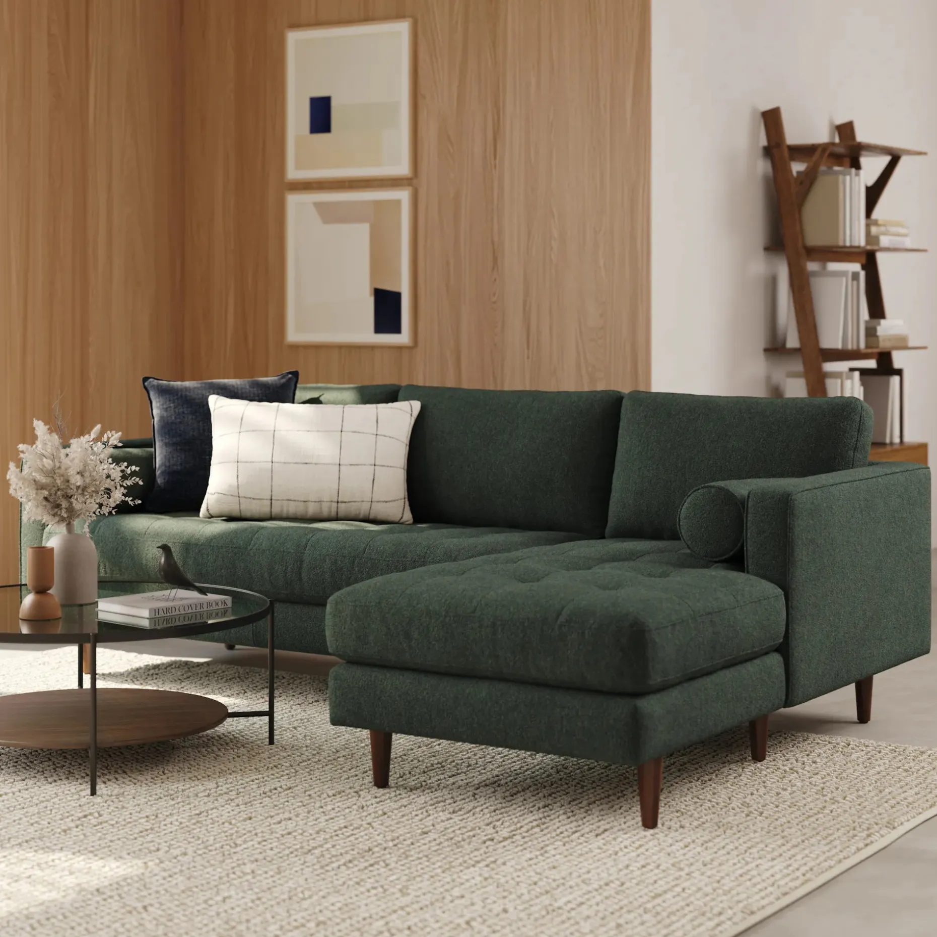 Sven 100" Tufted Right Sectional - Green Wool Bouclé