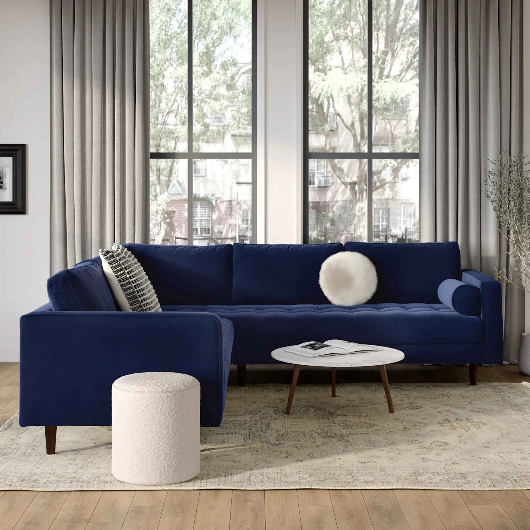 Sven 107" Tufted Velvet Corner Sectional - Plush Cascadia Blue