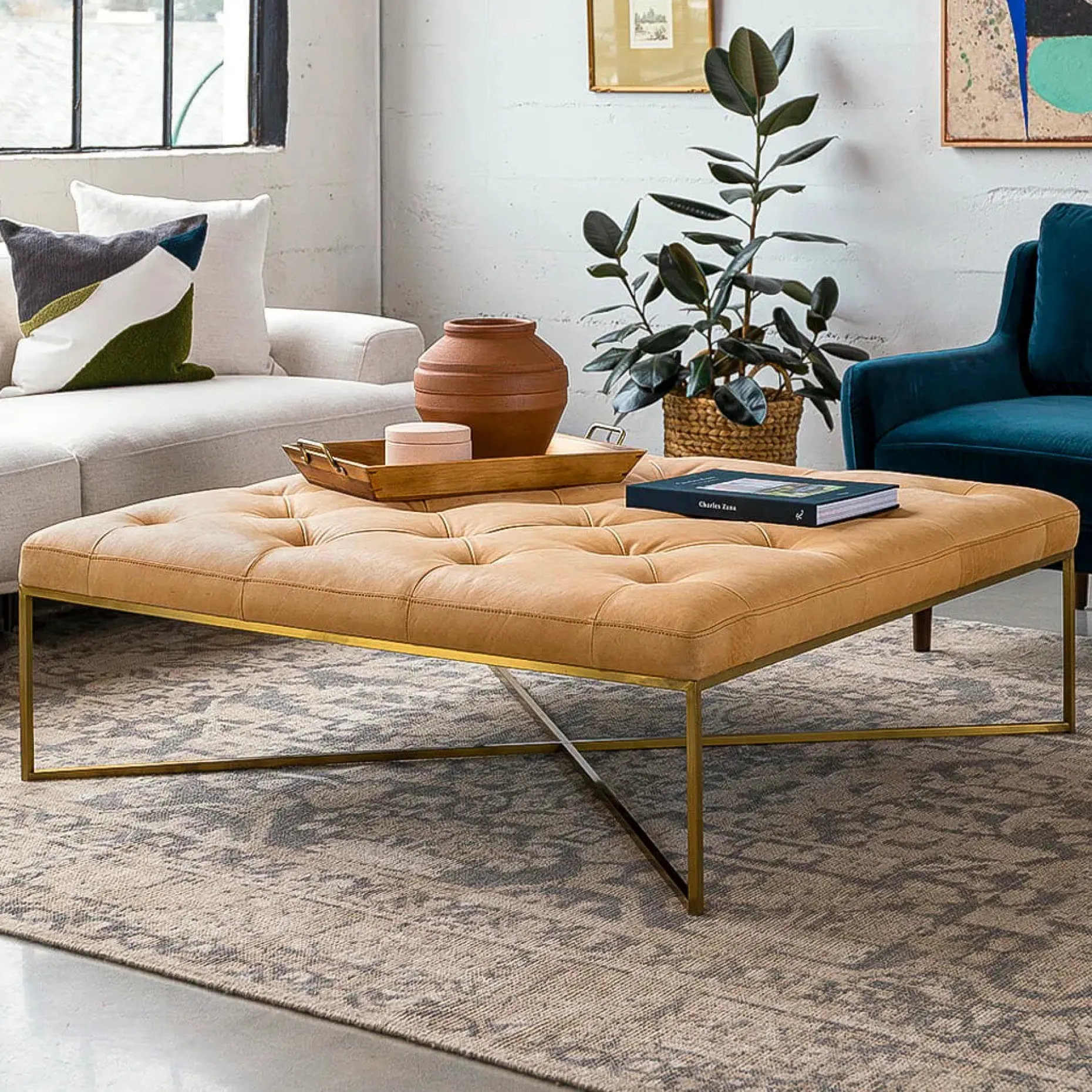 Tablet 47" Leather Square Ottoman - Charme Tan