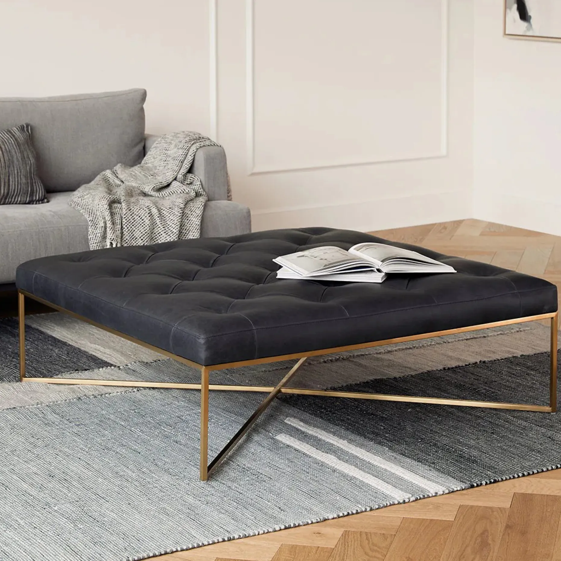 Tablet 47" Leather Square Ottoman - Charme Black