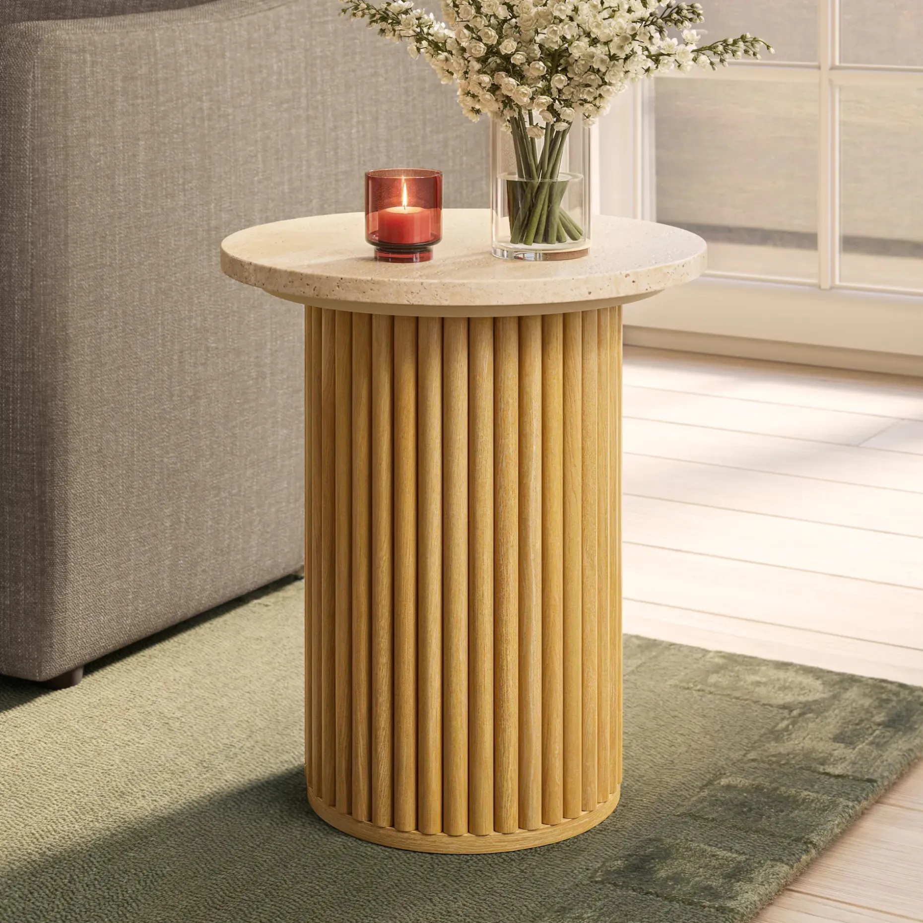 Tala Travertine Side Table - Natural Oak