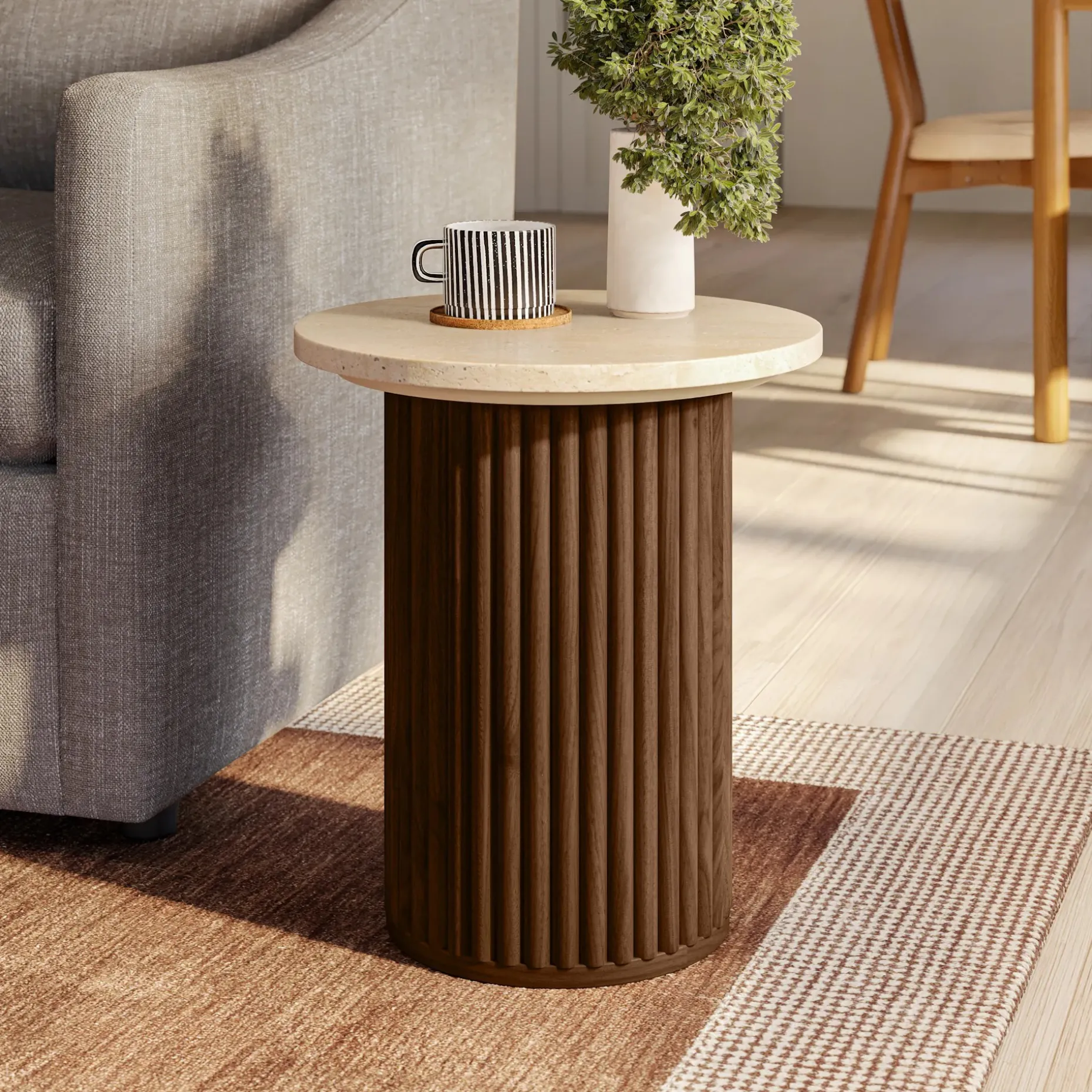 Tala Travertine Side Table - Walnut