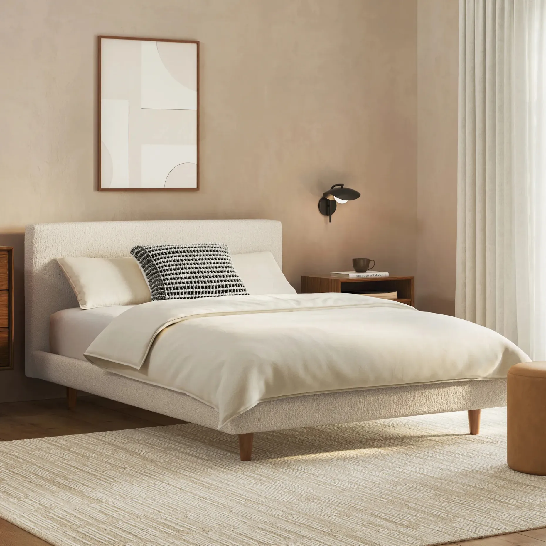 Tessu Full Low Profile Upholstered Bed - Ivory Wool Bouclé