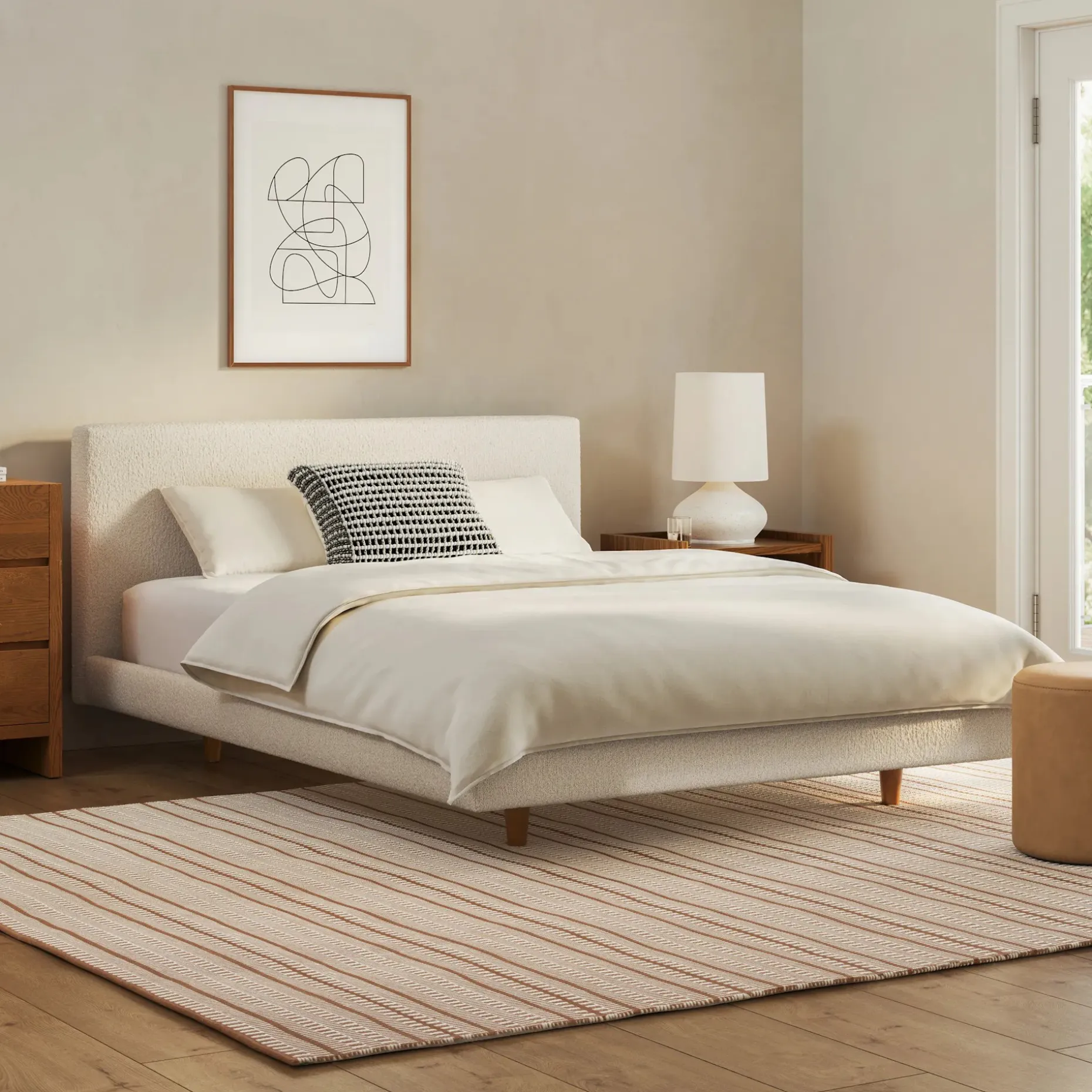 Tessu Queen Low Profile Upholstered Bed - Ivory Wool Bouclé