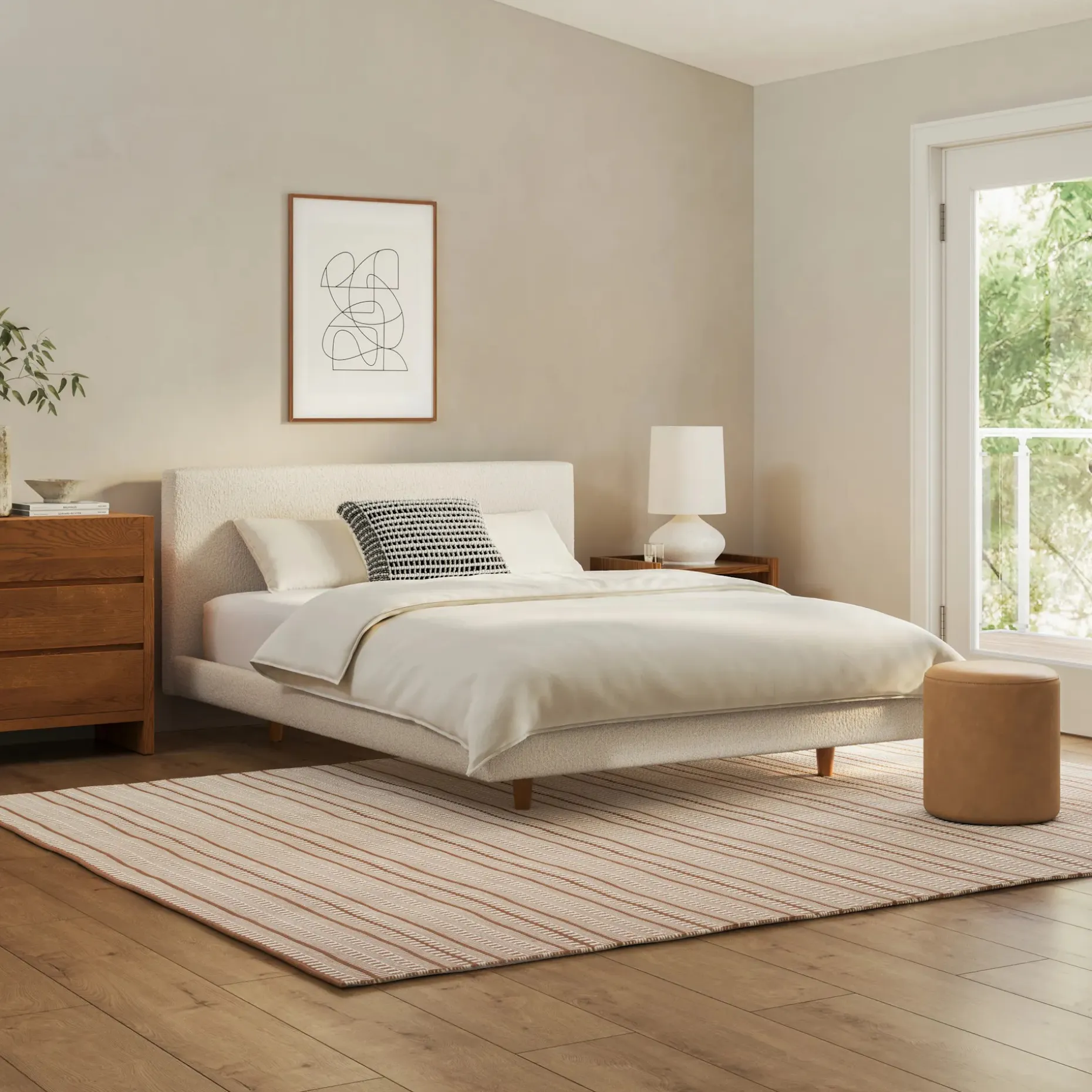 Tessu Queen Low Profile Upholstered Bed - Ivory Wool Bouclé