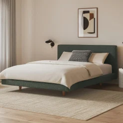 Tessu Queen Low Profile Upholstered Bed - Green Wool Bouclé