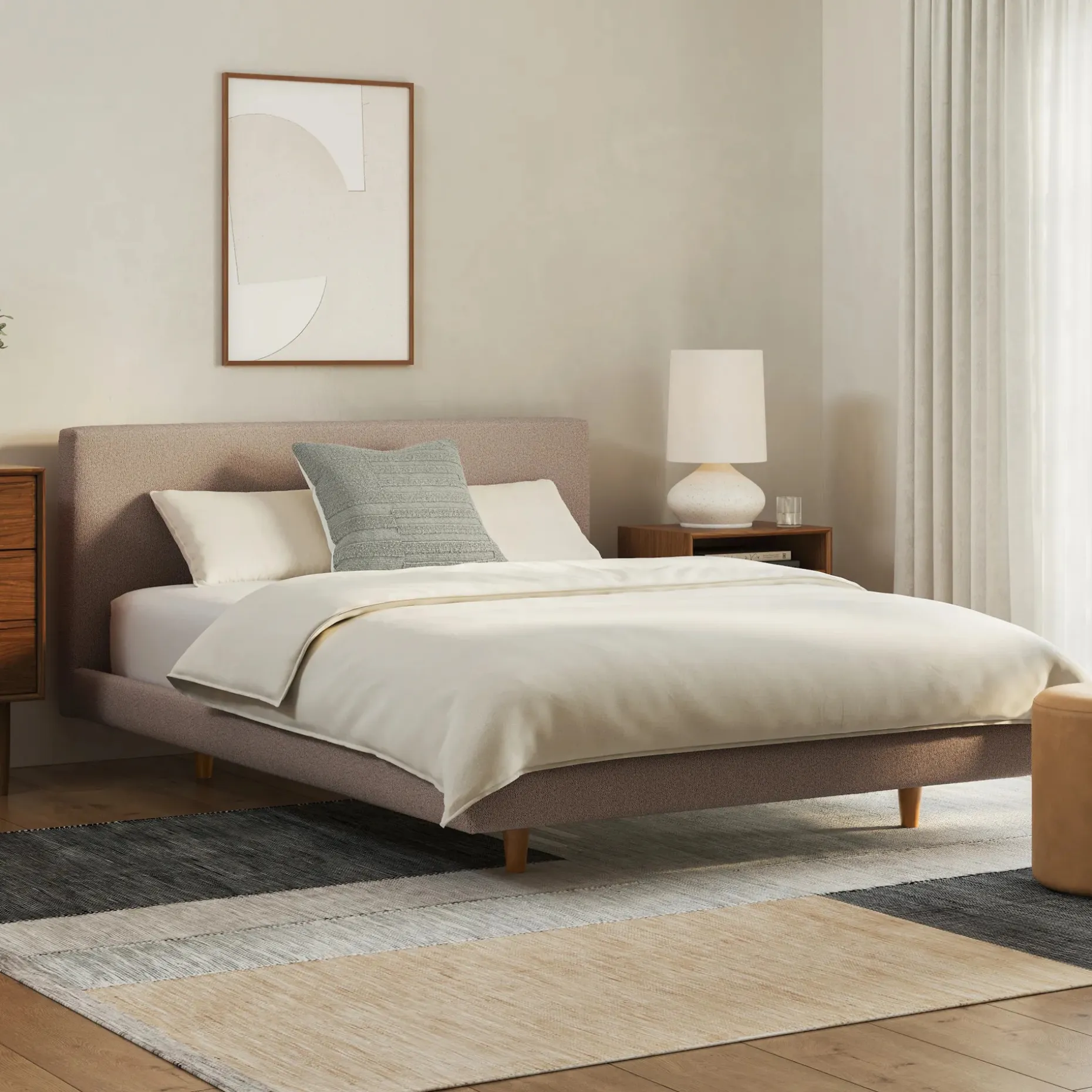 Tessu Queen Low Profile Upholstered Bed - Sandstone Wool Bouclé