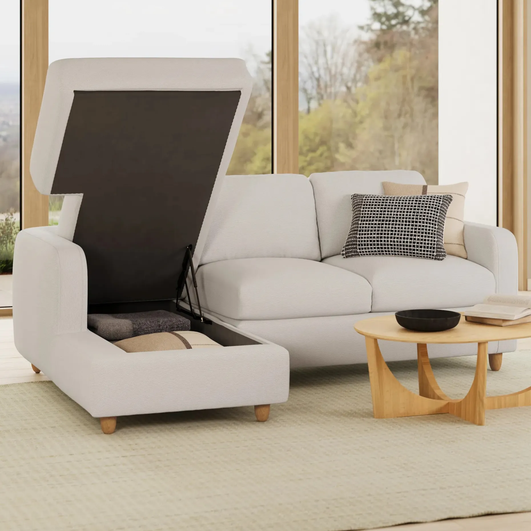 Vati 90.5" Left Storage Sectional - Natural Oak and Buckler Ivory