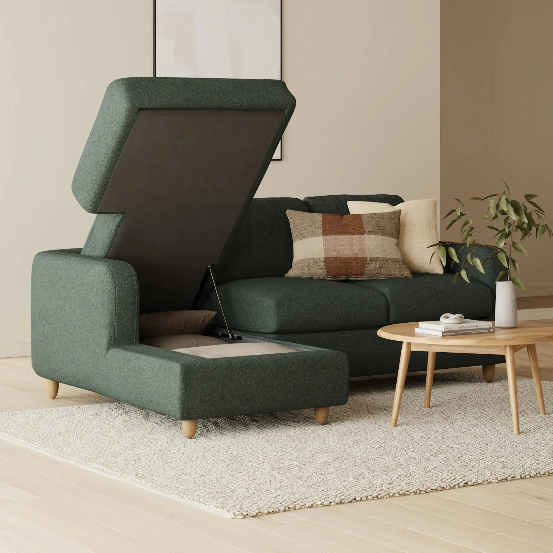 Vati 90.5" Left Storage Sectional - Natural Oak and Green Wool Bouclé