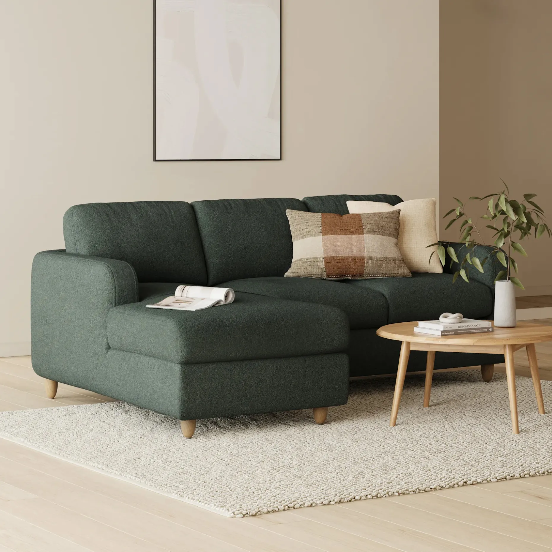 Vati 90.5" Left Storage Sectional - Natural Oak and Green Wool Bouclé