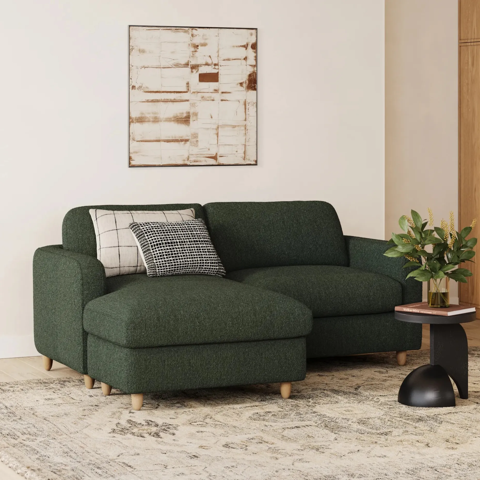 Vati 80" Left Storage Sectional - Natural Oak and Green Wool Bouclé