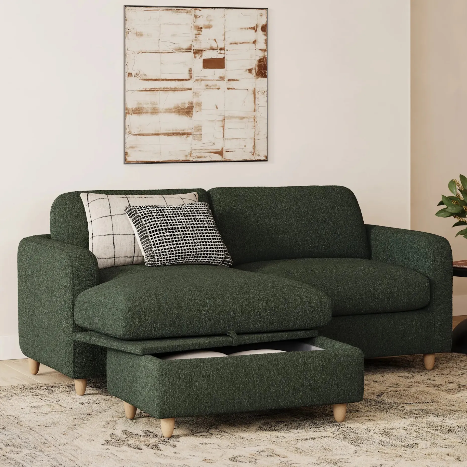 Vati 80" Left Storage Sectional - Natural Oak and Green Wool Bouclé