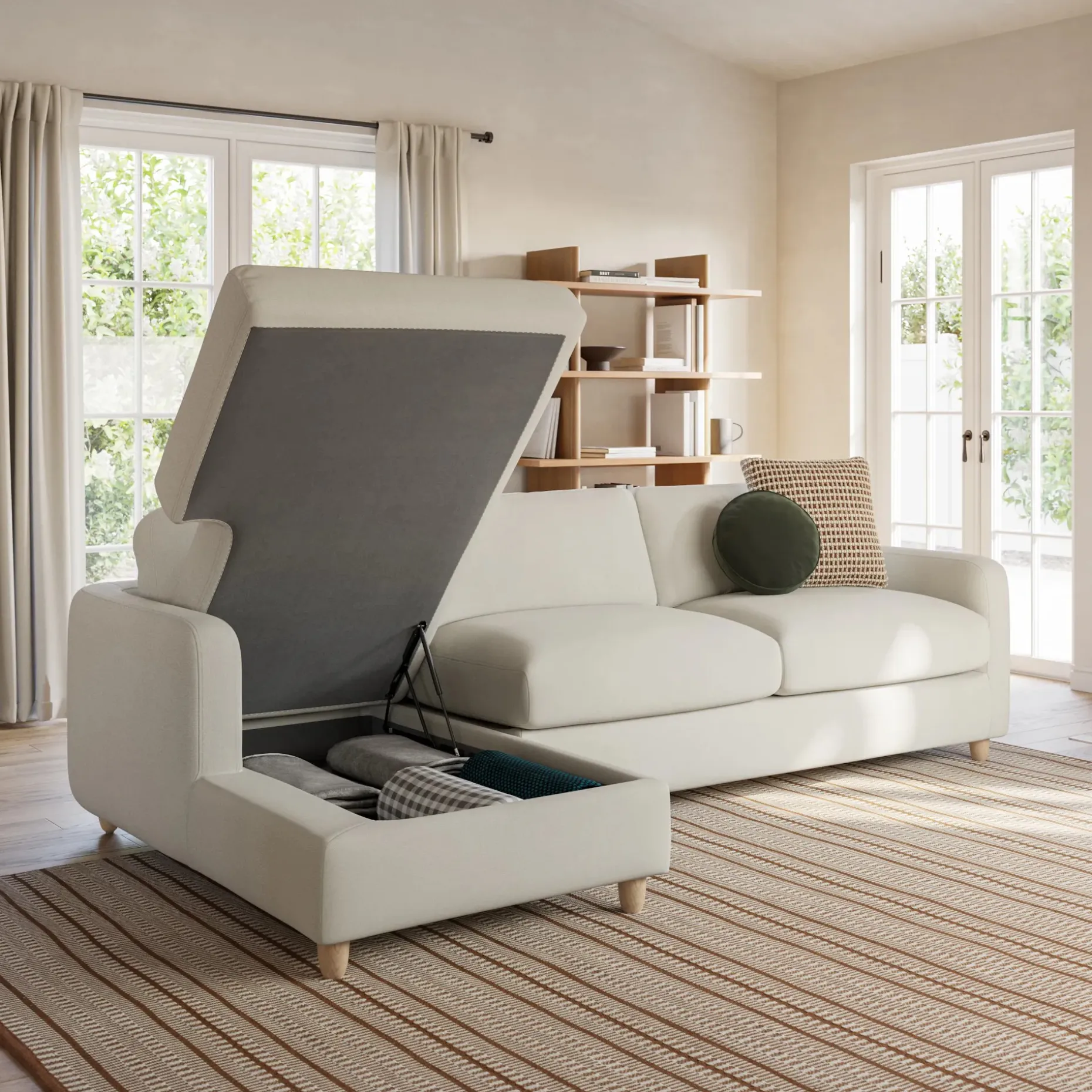Vati 114" Left Storage Sleeper Sectional - Natural Oak and Buckler Ivory