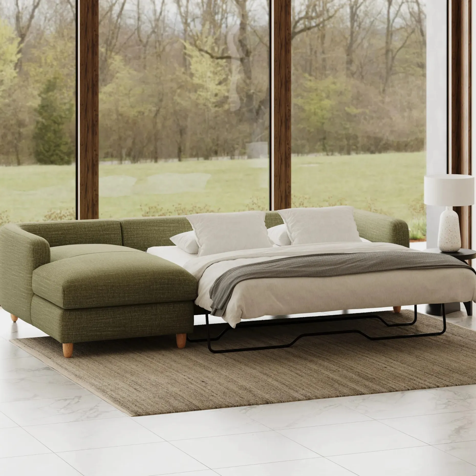 Vati 114" Left Storage Sleeper Sectional - Natural Oak and Napa Moss