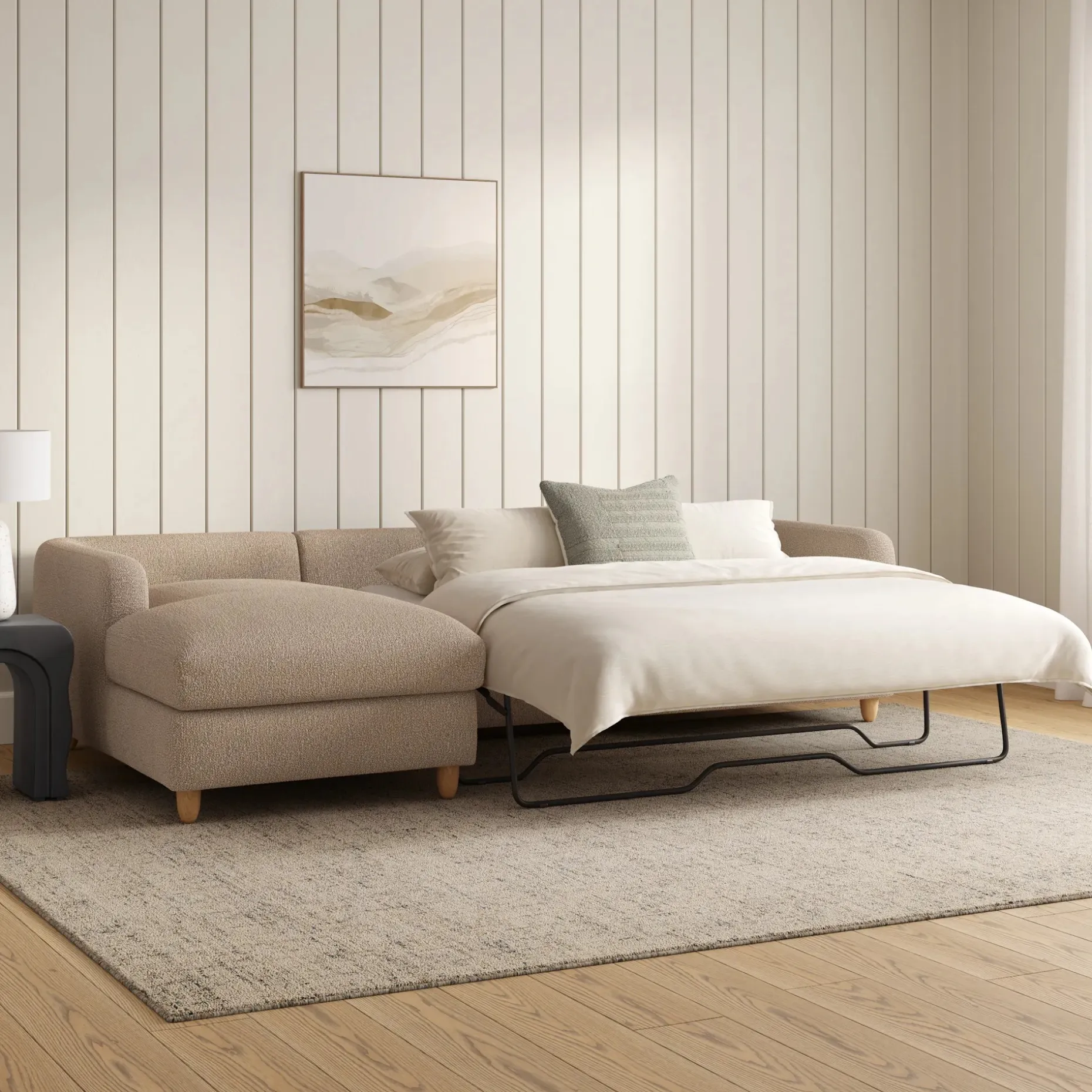 Vati 114" Left Storage Sleeper Sectional - Sandstone Wool Bouclé
