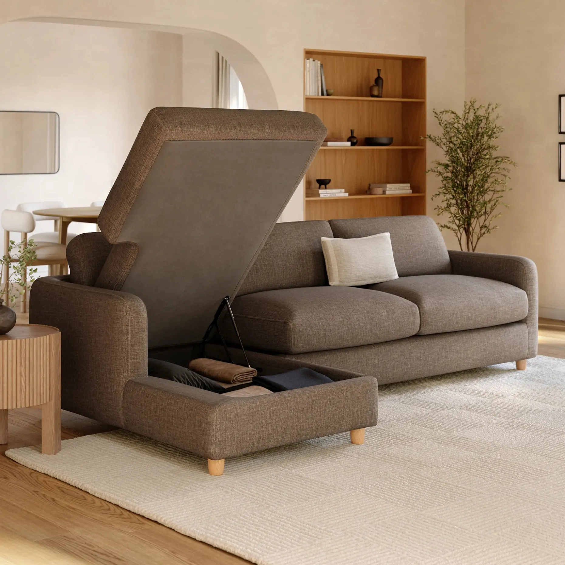 Vati 114" Left Storage Sleeper Sectional - Natural Oak and Buckler Brown