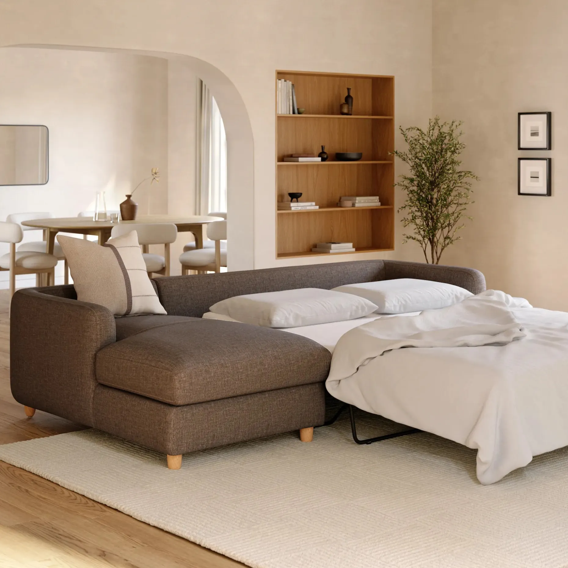 Vati 114" Left Storage Sleeper Sectional - Natural Oak and Buckler Brown
