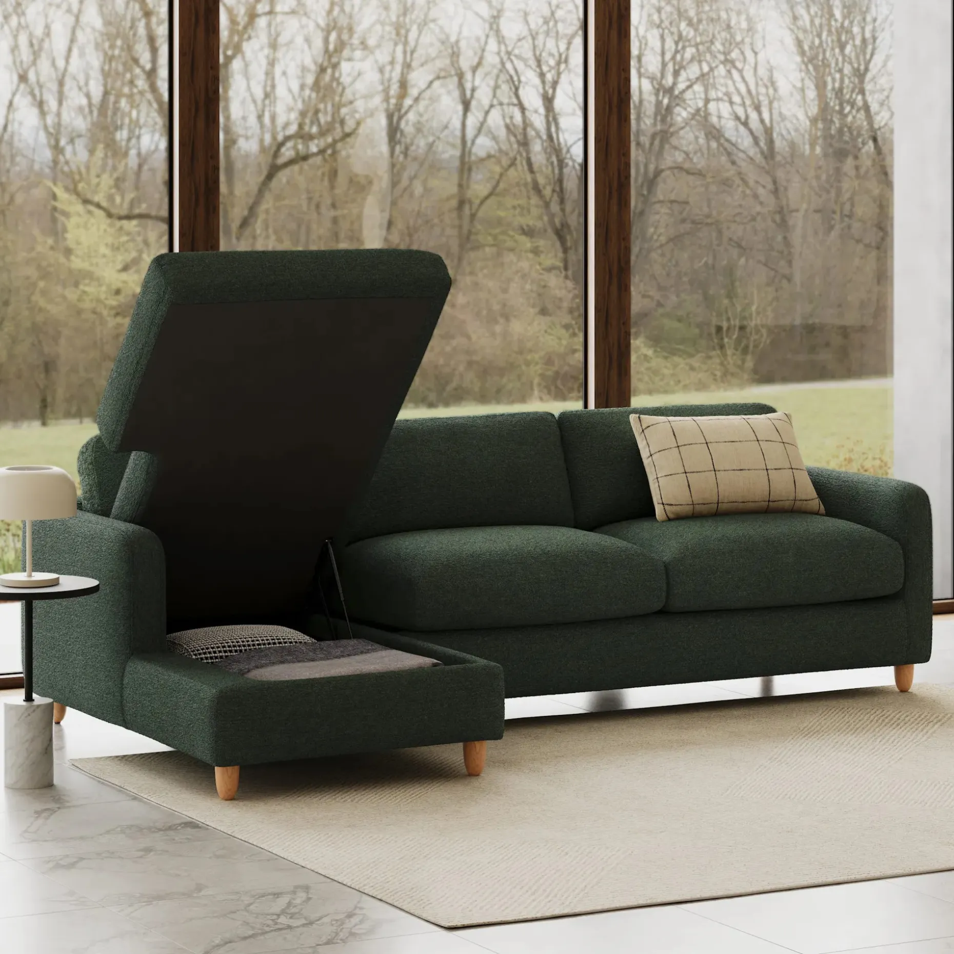 Vati 114" Left Storage Sleeper Sectional - Natural Oak and Green Wool Bouclé