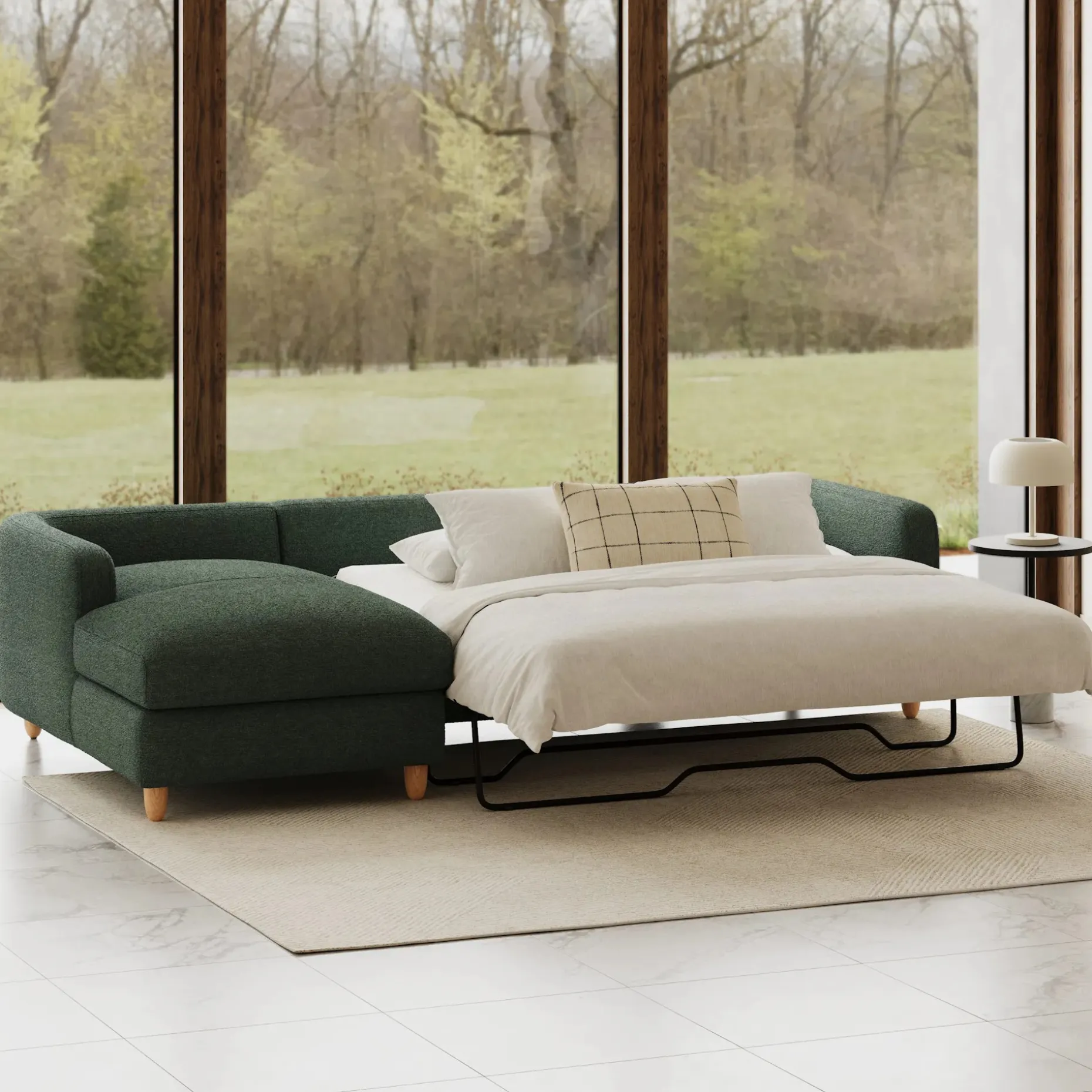 Vati 114" Left Storage Sleeper Sectional - Natural Oak and Green Wool Bouclé