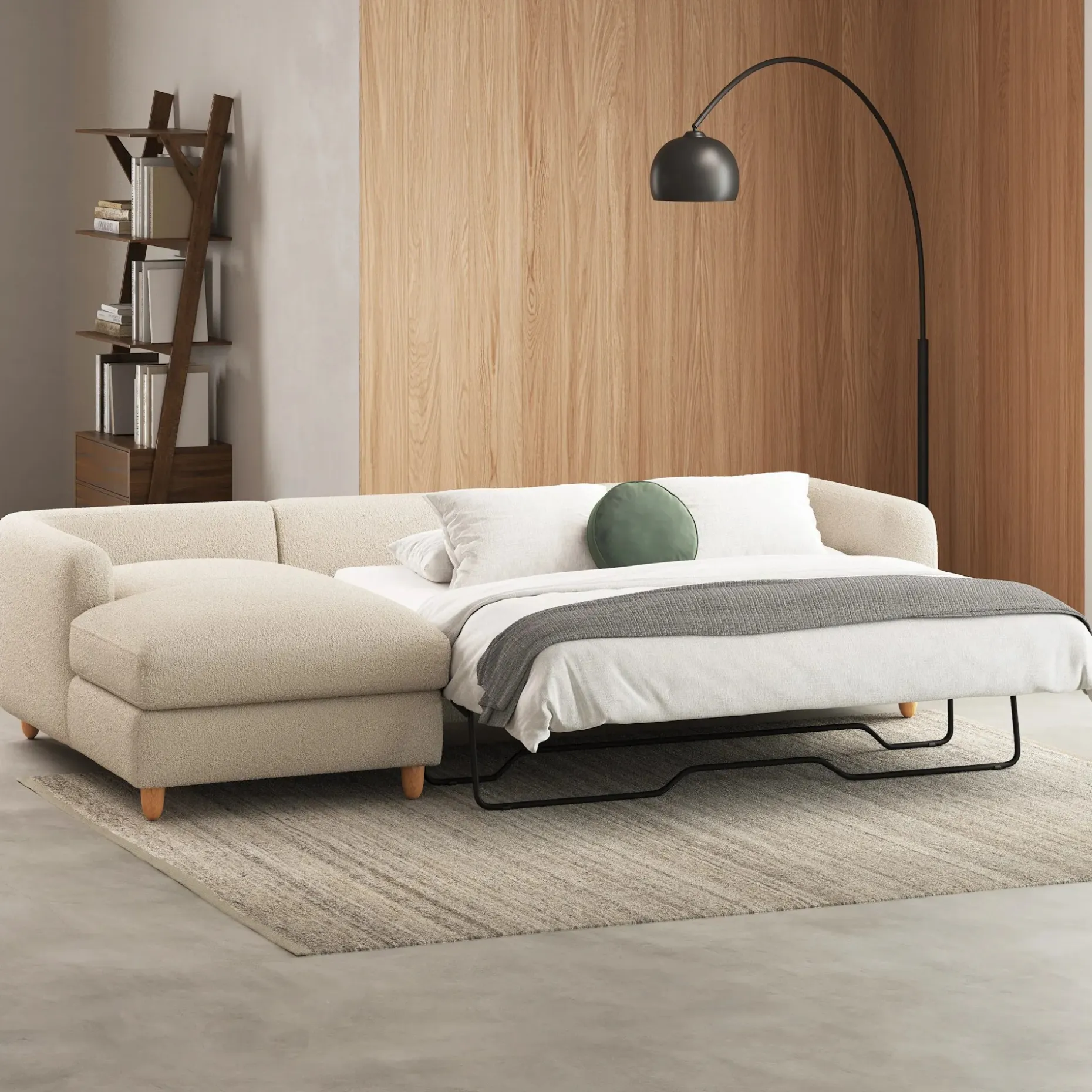 Vati 114" Left Storage Sleeper Sectional - Natural Oak and Ivory Wool Bouclé