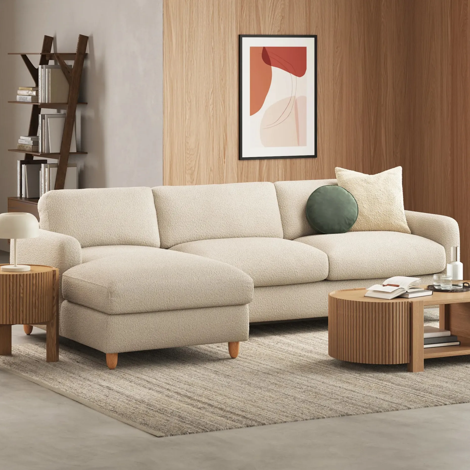 Vati 114" Left Storage Sleeper Sectional - Natural Oak and Ivory Wool Bouclé