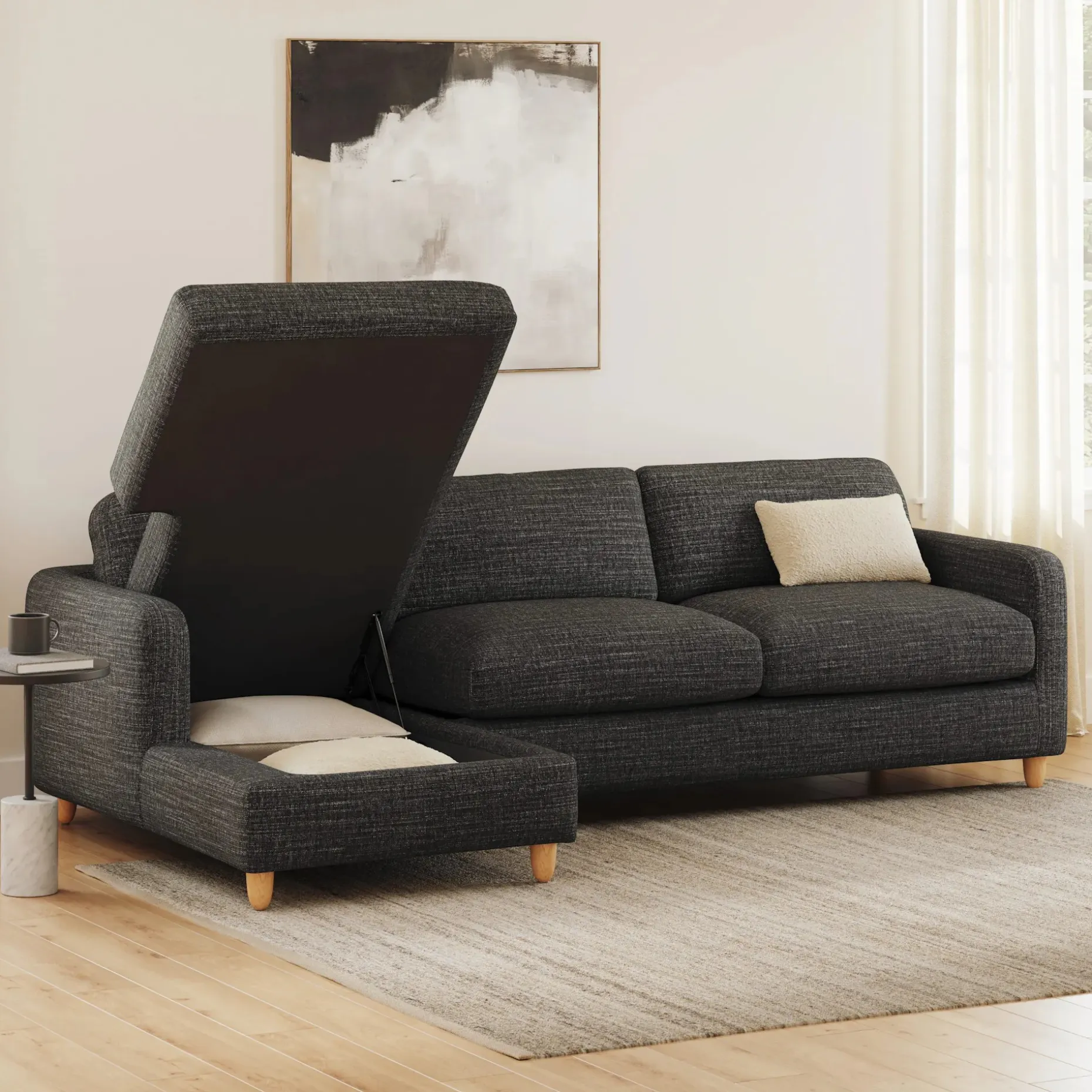 Vati 114" Left Storage Sleeper Sectional - Natural Oak and Napa Charcoal